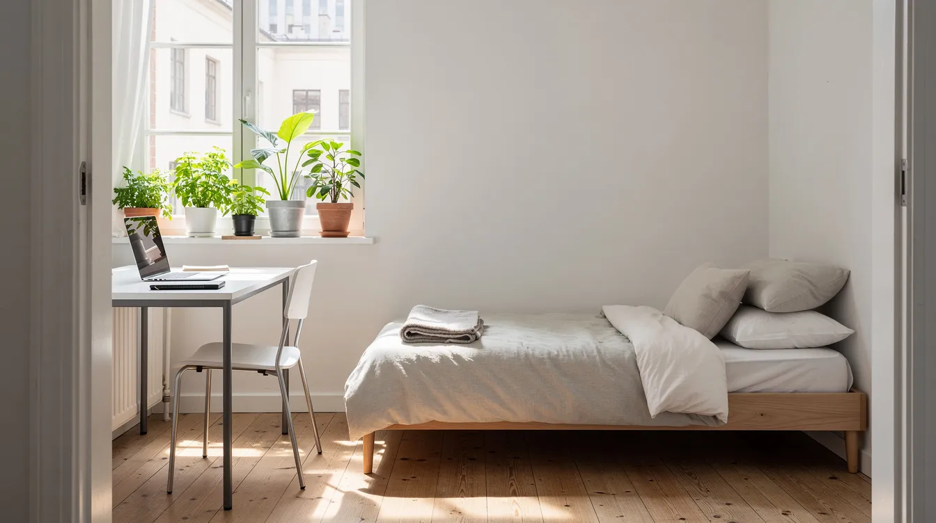In der kleinen, hellen Stadtwohnung mit Holzboden befindet sich ein Bett an der Wand, ein kleiner Schreibtisch am Fenster und Pflanzen auf dem Fensterbrett, die eine gemütliche Atmosphäre schaffen. Diese 1-Zimmer-Wohnung bietet durch ihre clevere Einrichtung und Dekoration eine einladende Wohlfühloase im Alltag.