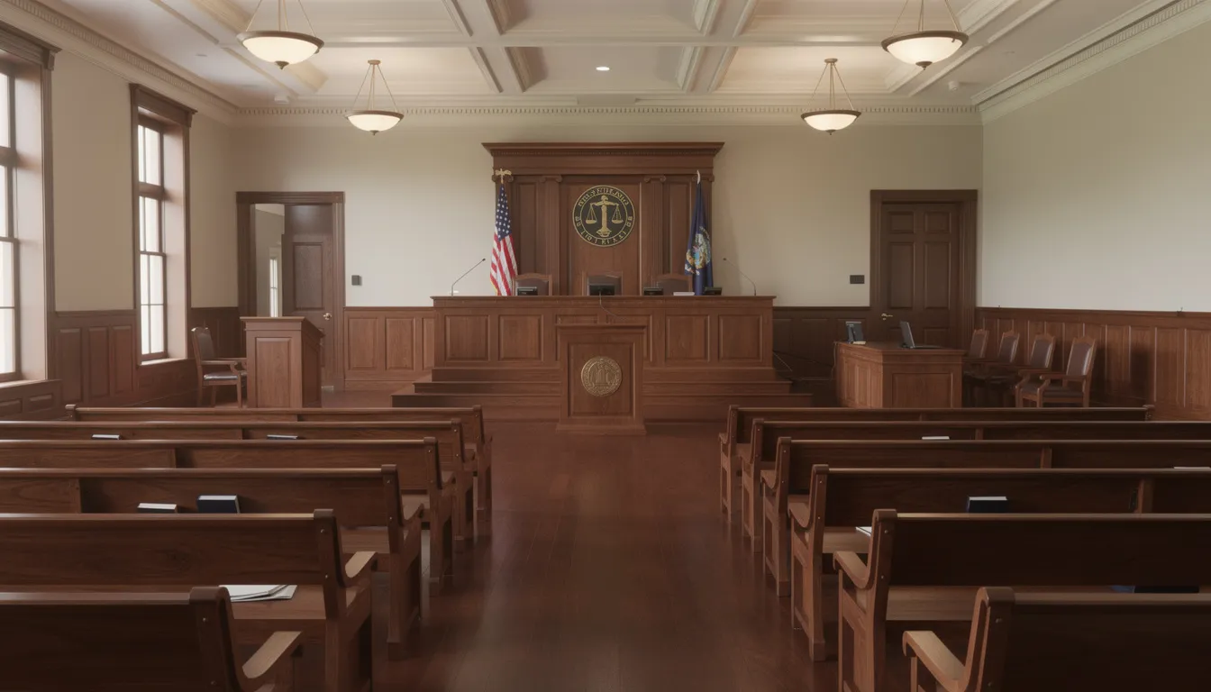The image depicts a professional courtroom or hearing room featuring polished wooden benches and a formal legal setting, ideal for hearings related to workers compensation claims. This environment is often where administrative law judges preside over cases involving denied workers comp claims and appeals processes for injured workers seeking benefits.
