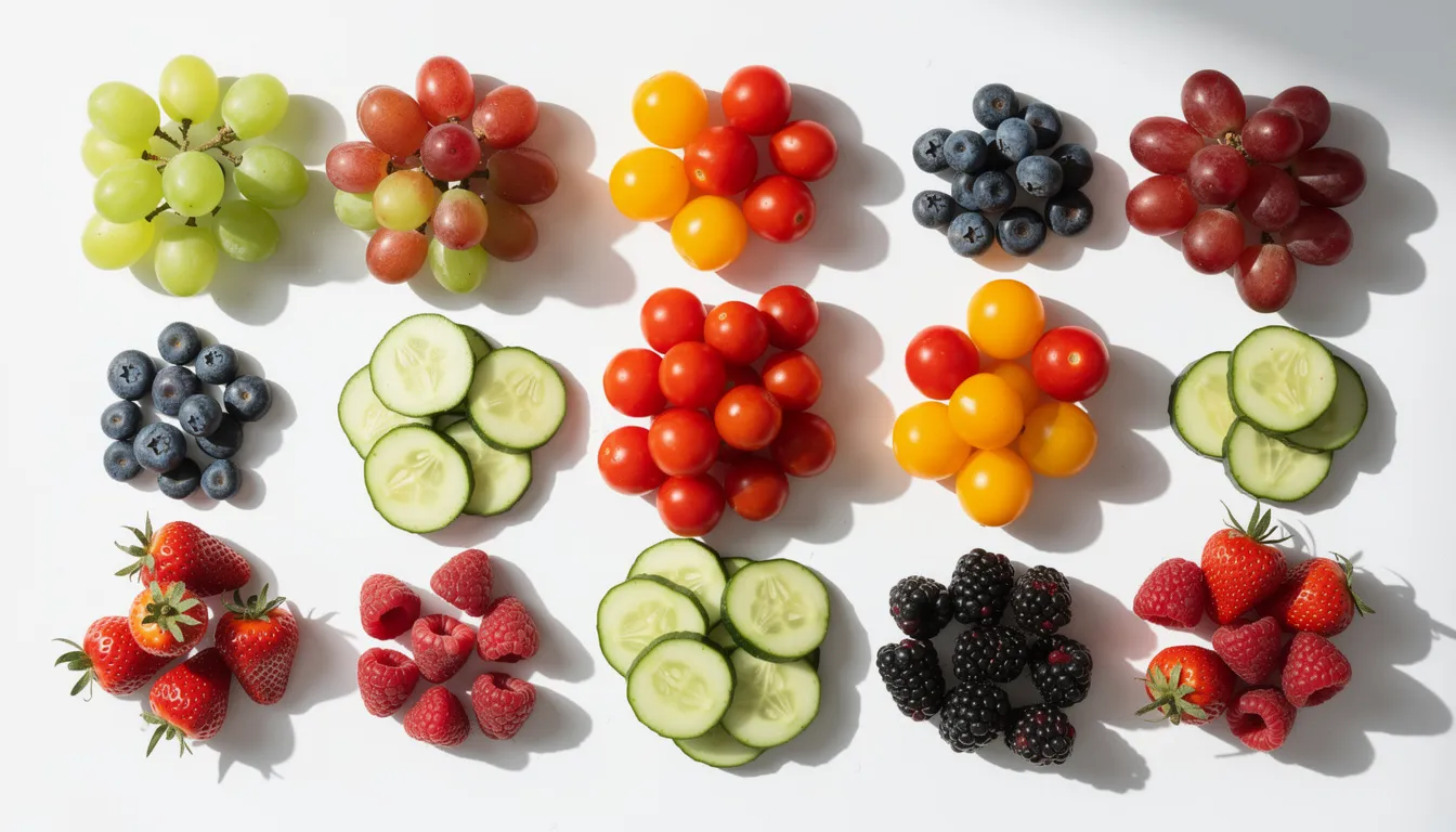 A vibrant assortment of fresh fruits and vegetables, including clusters of grapes, cherry tomatoes, and cucumber slices, is beautifully arranged, showcasing the freshness and color of each item. This colorful display could serve as a delightful addition to a kosher charcuterie board, enhancing the meal with unique flavors and freshness.