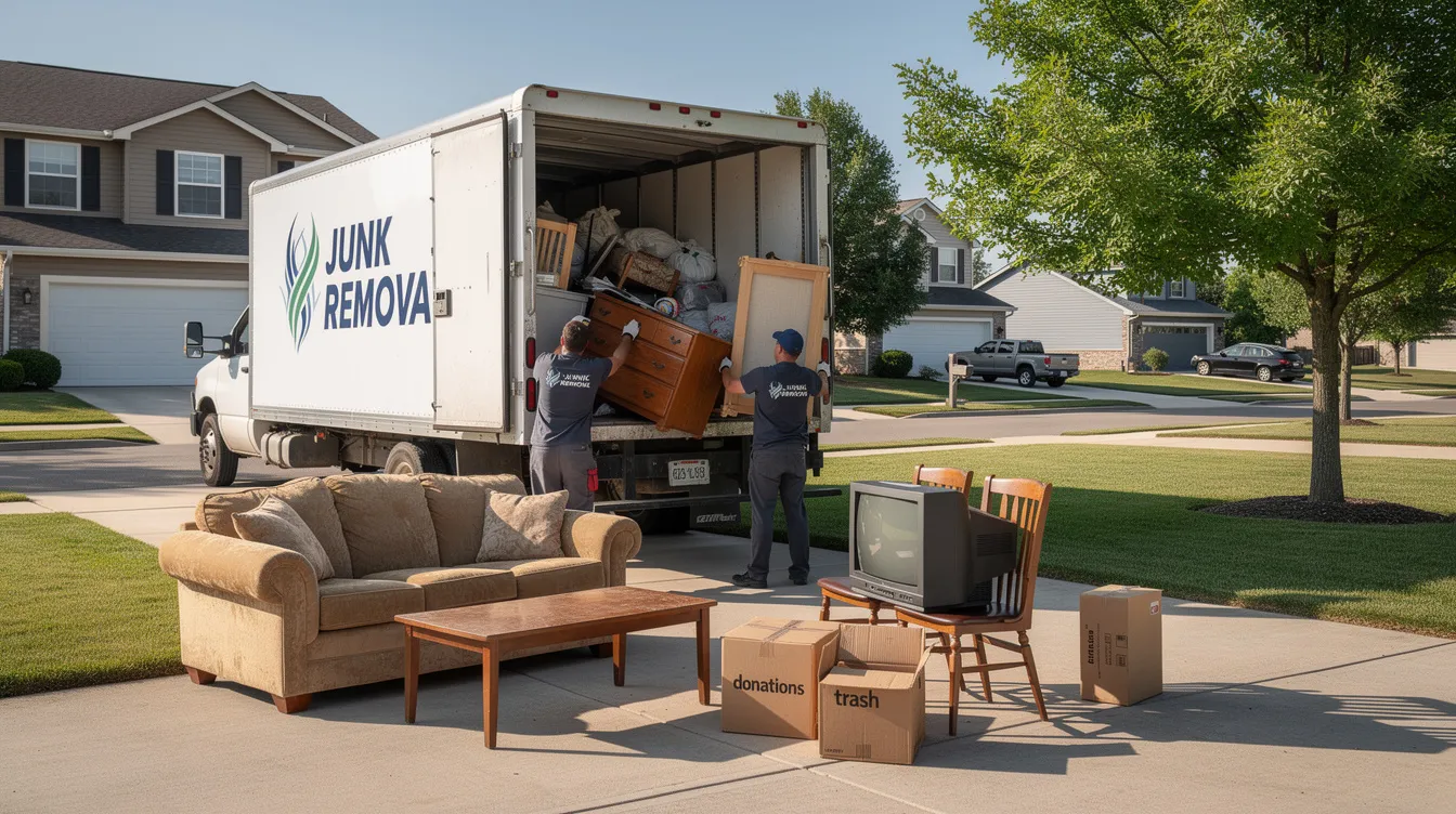 A junk removal truck is being loaded with old furniture and various household items from a suburban driveway, showcasing the process of bulk trash pickup. The scene highlights the efficient collection of bulky waste as residents prepare for their scheduled pickup day.