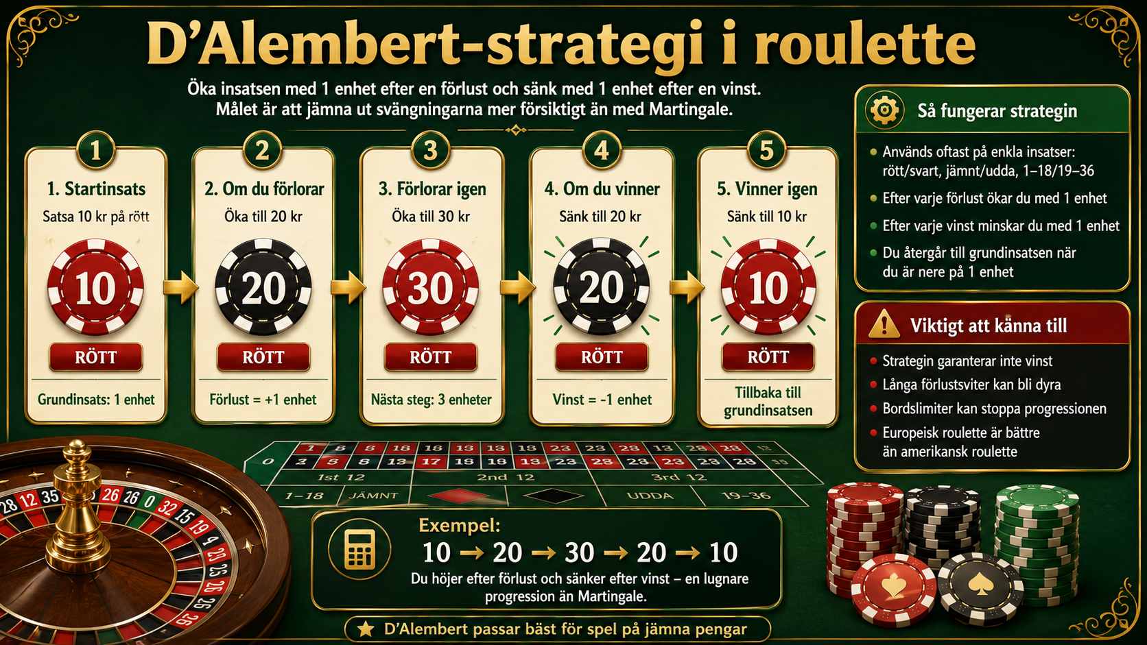 Infografik som förklarar D’Alembert strategi i roulette där insatsen höjs efter förlust och sänks efter vinst.