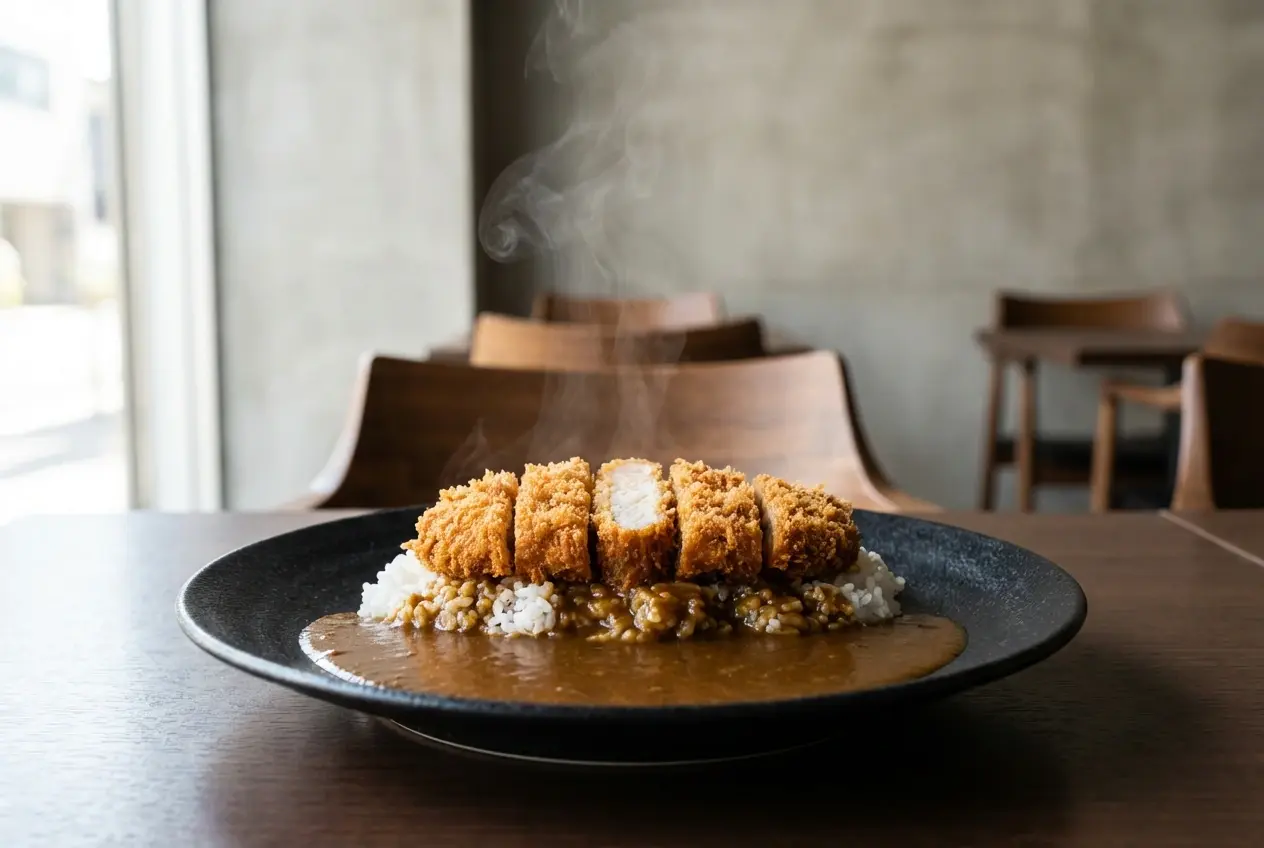 A steaming, cinematic shot of a plate of Japanese curry rice topped with perfectly sliced, crispy pork katsu, sitting on a wooden table in a moody, minimalist cafe setting.