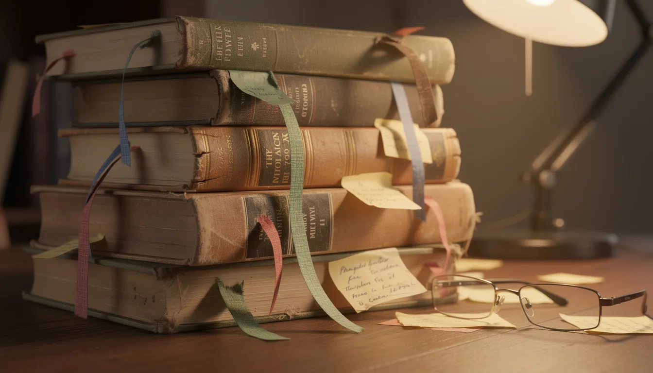 A stack of well-worn self-help books, featuring visible bookmarks and handwritten notes, is bathed in warm lighting, symbolizing a journey of personal growth and self-discovery. These resources offer practical advice on self-acceptance and mental health, inspiring readers to embrace their full potential and find peace.