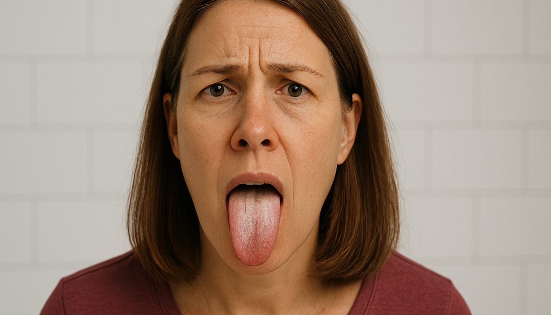 Hvitt Belegg På Tunga? Dette Kan Kroppen Din Prøve Å Fortelle Deg 18 Kvinne med bekymret uttrykk viser hvitt belegg på tunga i godt opplyst baderomsmiljø med lyse fliser i bakgrunnen.