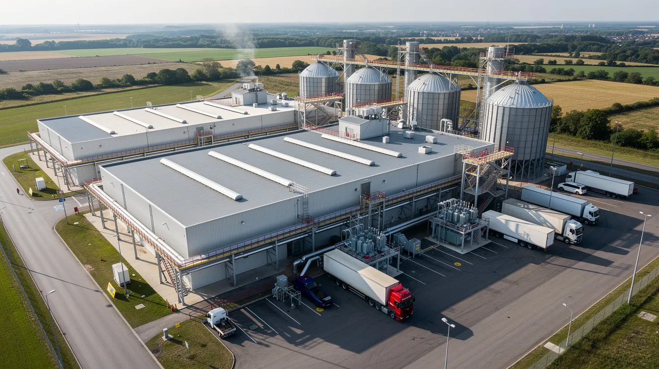 An aerial view of a large soybean oil processing plant showcases multiple industrial buildings, storage silos, and utility structures, highlighting the extensive infrastructure required for soybean oil production and processing. This facility represents a key player in the global soybean oil market, with various unit operations involved in the extraction and refining of crude soybean oil.