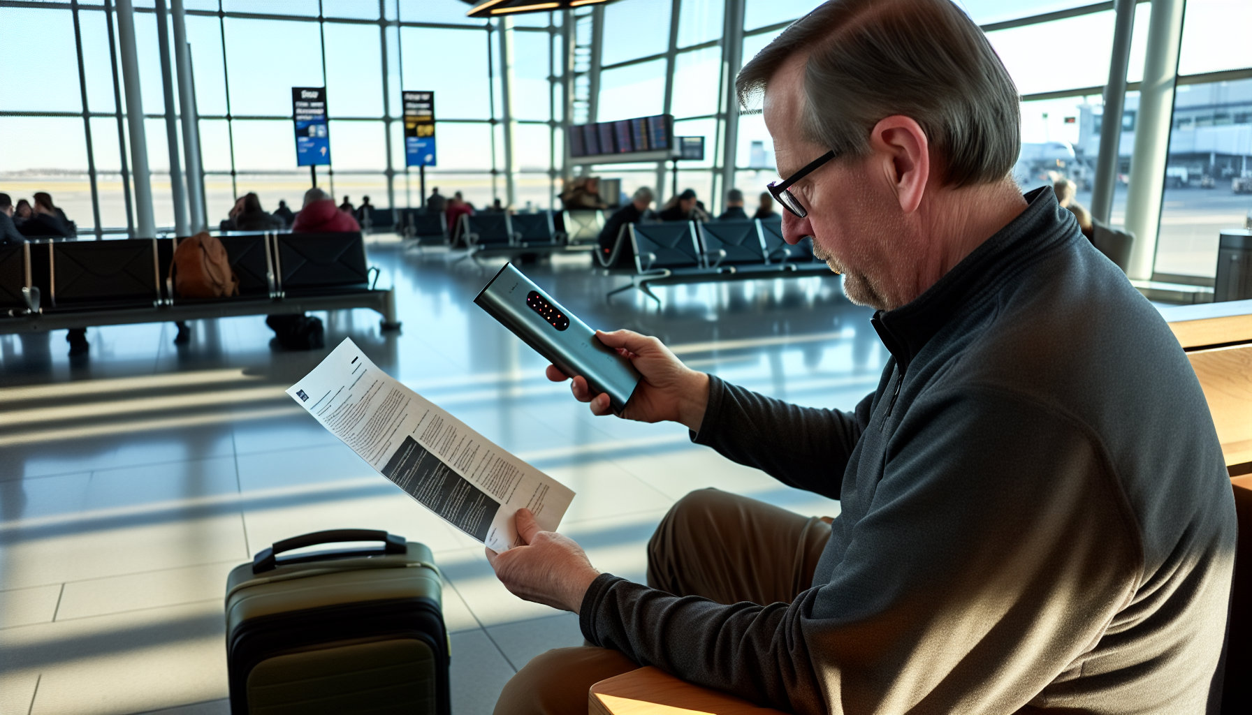 A person holding a portable charger while looking at an airline policy document