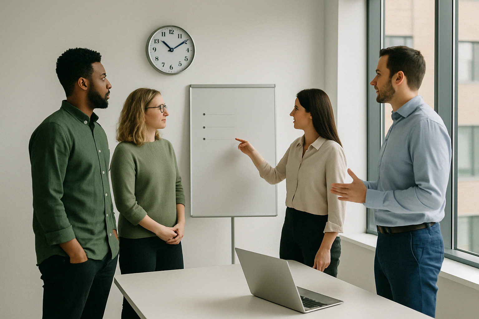 Four team members in a quick stand‑up beside a whiteboard and clock, emphasizing track progress, time tracking, and efficient hours for agile collaboration.