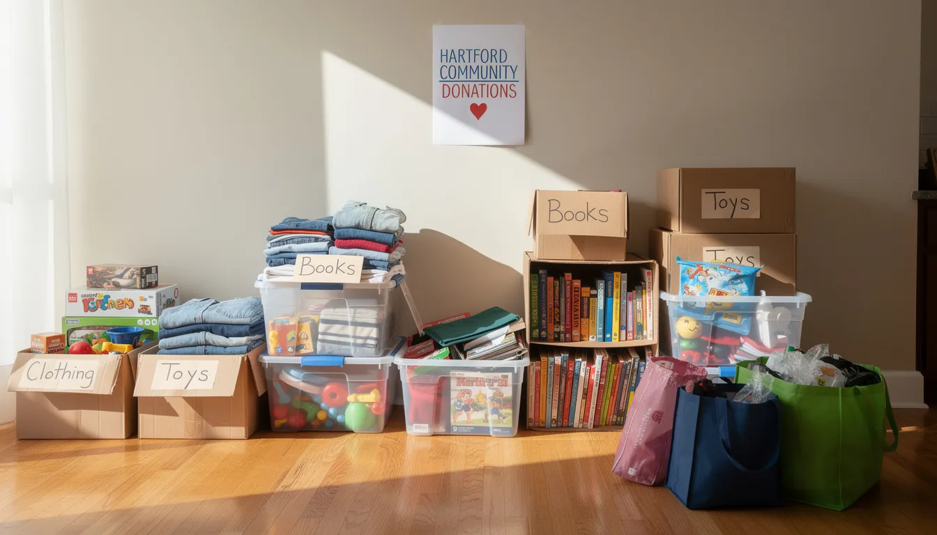 The image shows a collection of sorted items, including furniture and household goods, neatly organized and ready for donation to charities in the Hartford area. These usable items are prepared for responsible disposal, contributing to a clutter-free environment and supporting local communities.