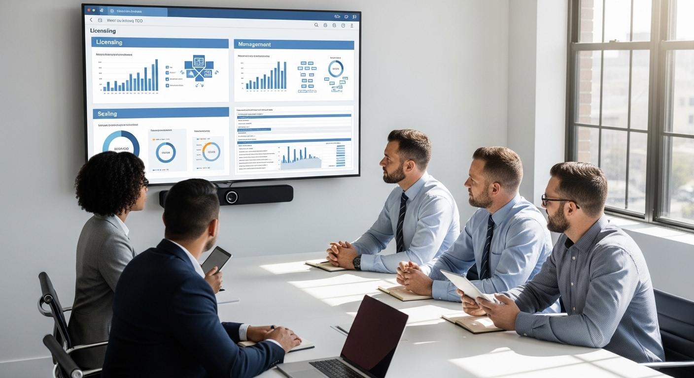 Finance and IT leaders evaluating virtual desktop total cost of ownership through dashboards displaying licensing, infrastructure, management, and scaling costs.