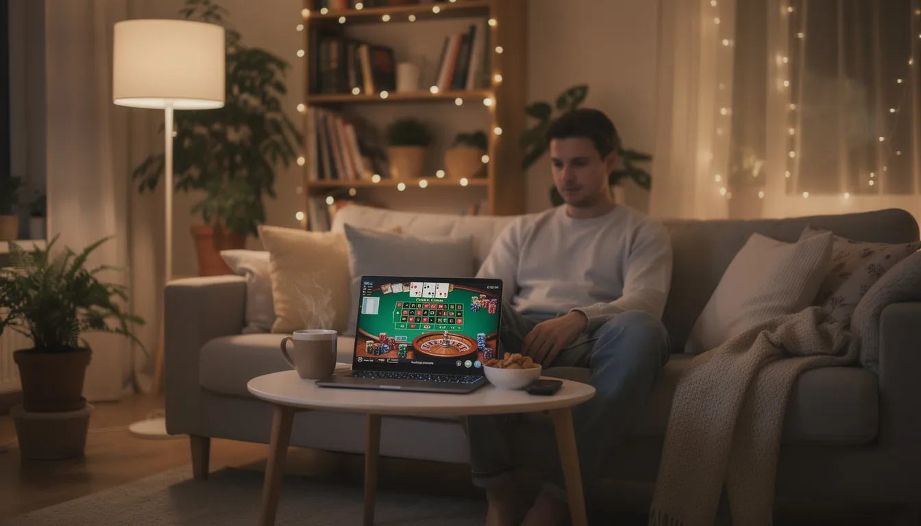 En person sitter bekvämt i en hemmiljö och spelar casino på en bärbar dator, omgiven av en mysig atmosfär. Skärmen visar spännande spel och live casino-upplevelser, vilket ger en känsla av att vara mitt i aktionen.