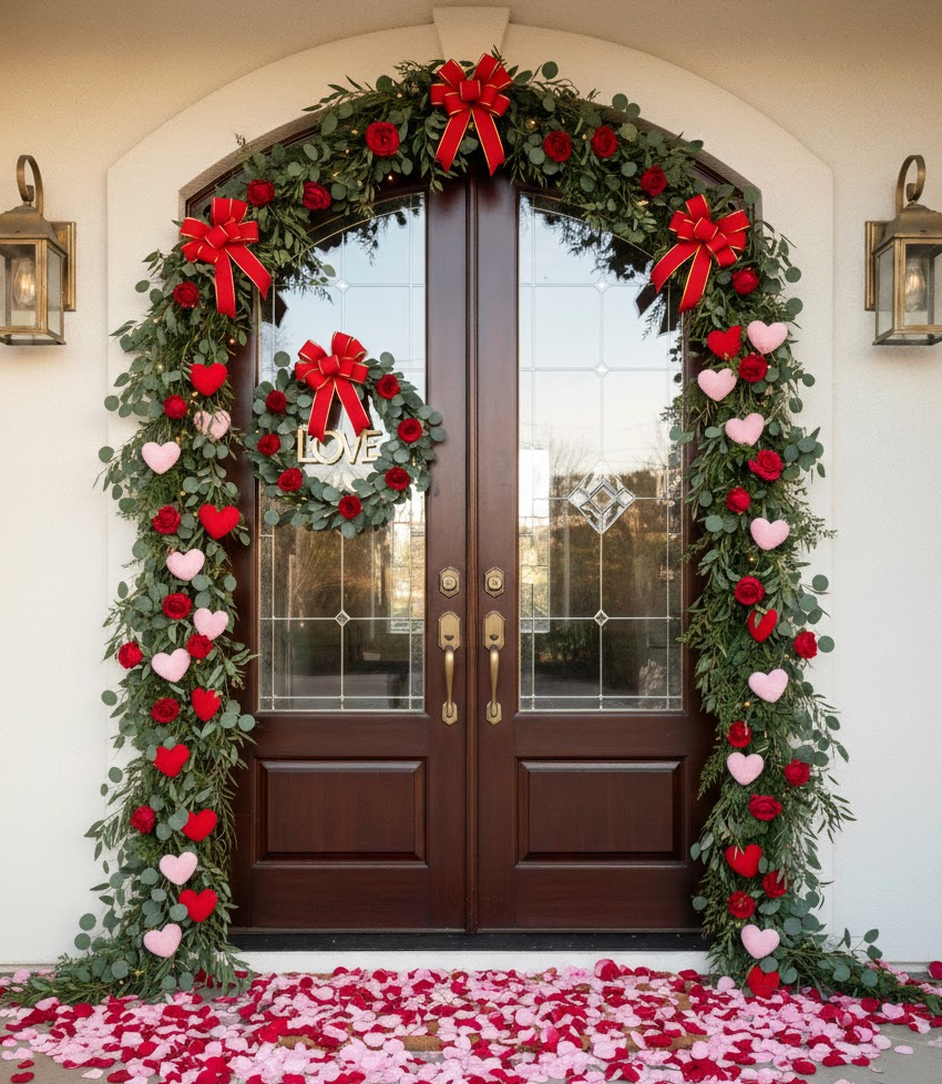 Red, pink and white hearts on a pretty door garland, price decorations out early, red, white and pink hearts are perfect to show love on the big day