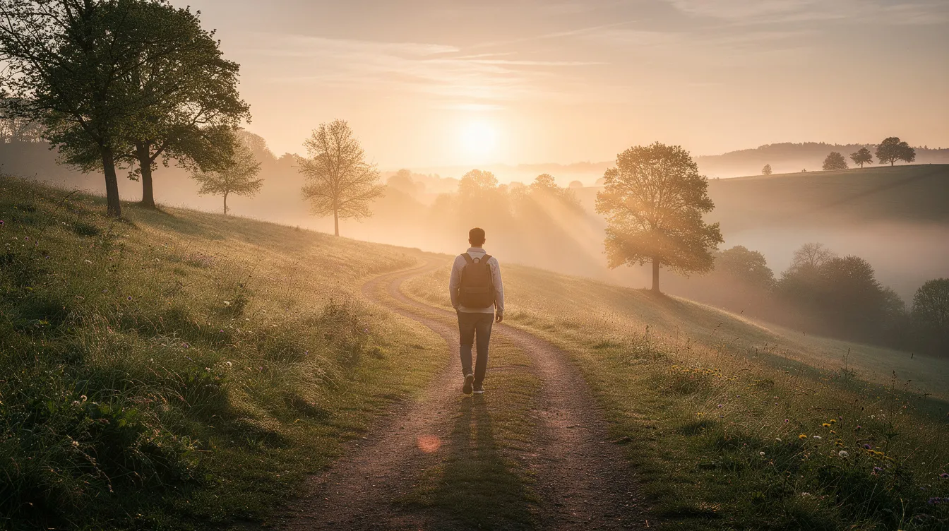 Une personne marche sur un chemin sinueux à travers un paysage naturel verdoyant, avec un lever de soleil illuminant l'horizon, symbolisant la quête de sens et d'évolution dans sa vie professionnelle. Ce parcours évoque le développement personnel et la recherche de satisfaction dans sa carrière.