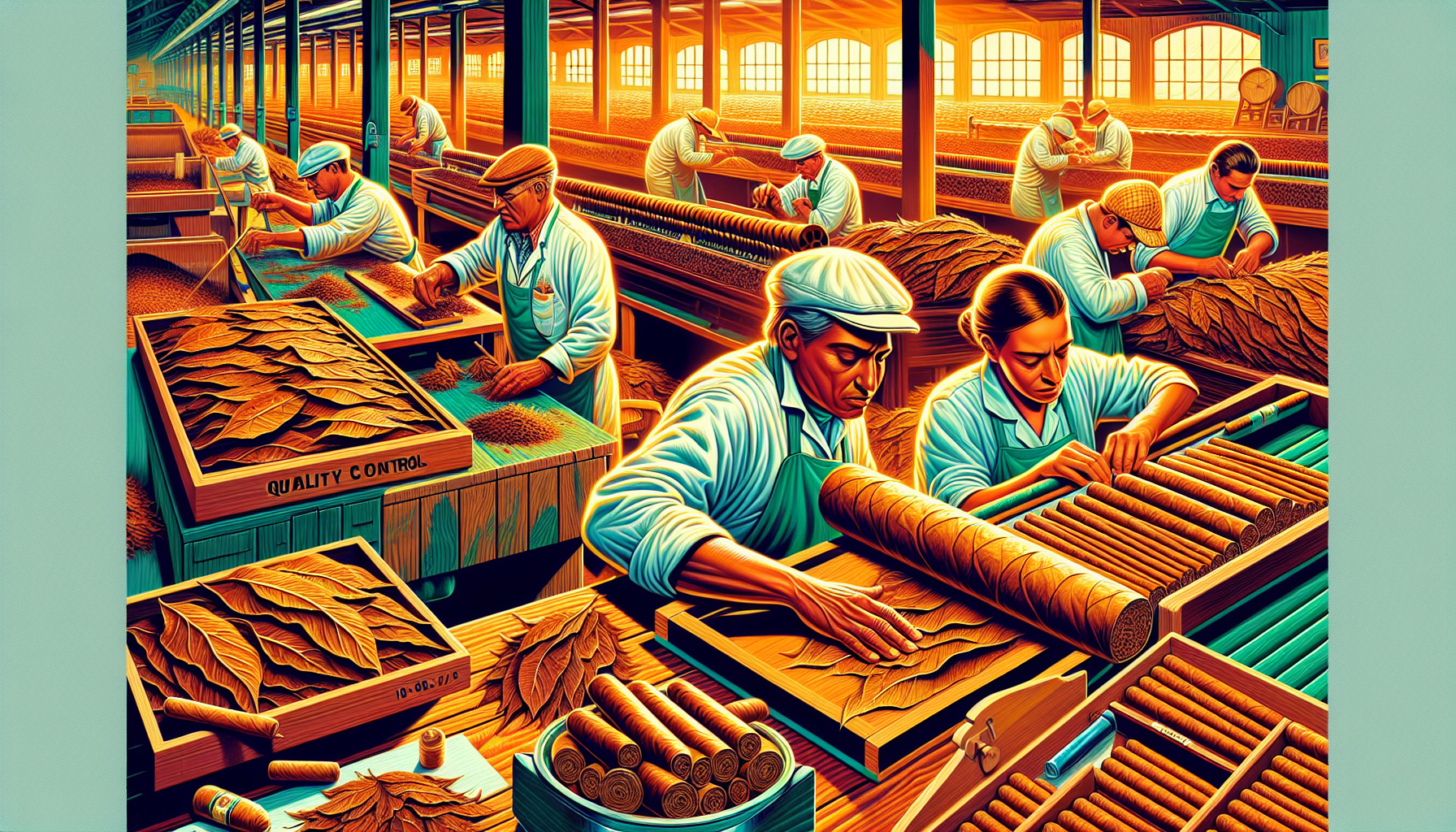 An artistic depiction of the production process of cigars, focusing on the factories in Nicaragua and Dominican Republic.