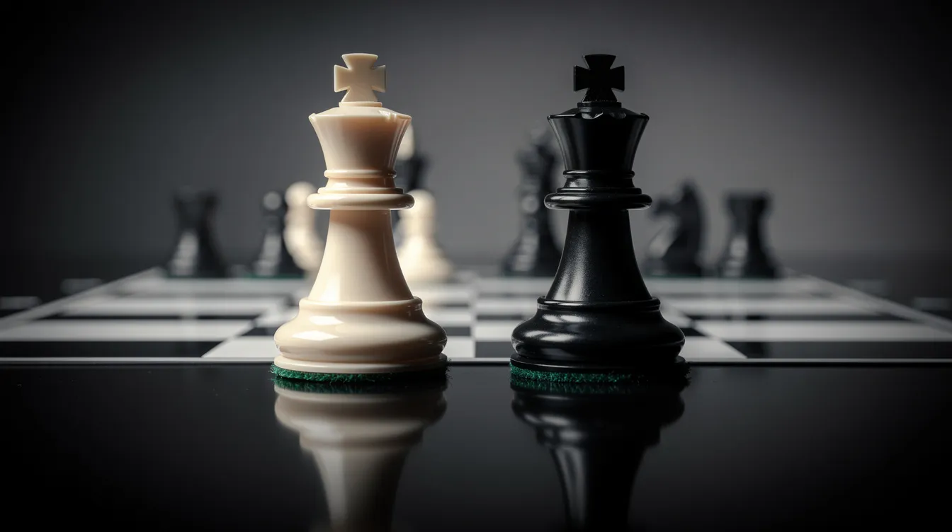 The image depicts two chess pieces, one white and one black, positioned on a reflective surface, symbolizing the intense competition and strategic thinking akin to navigating the stock market. This visual metaphor highlights the importance of smart money decisions and due diligence in investment strategies, much like the calculated moves of a fund manager on Wall Street.