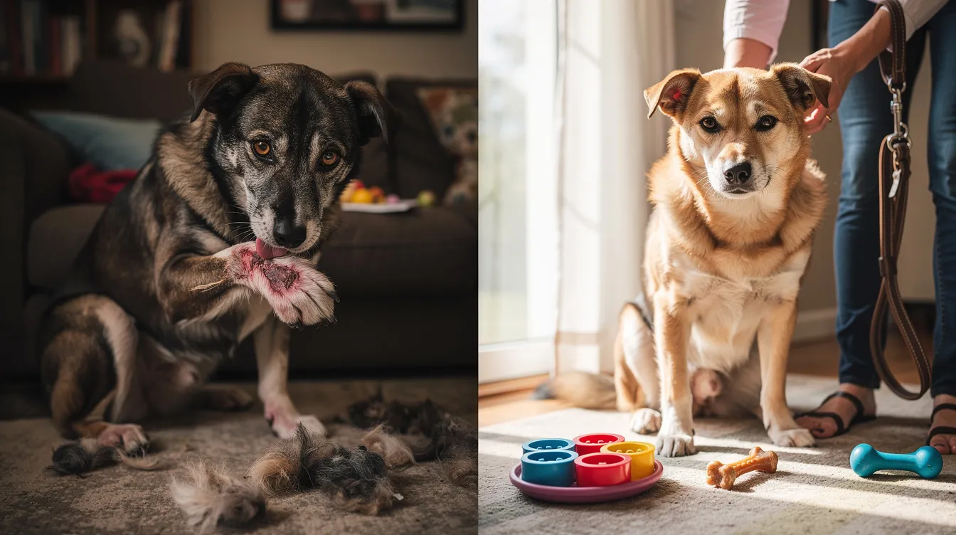 The image depicts a dog engaged in repetitive behaviors, such as tail chasing, illustrating the challenges of canine compulsive disorder. The scene conveys the importance of identifying triggers and implementing behavior modification strategies for compulsive dogs.