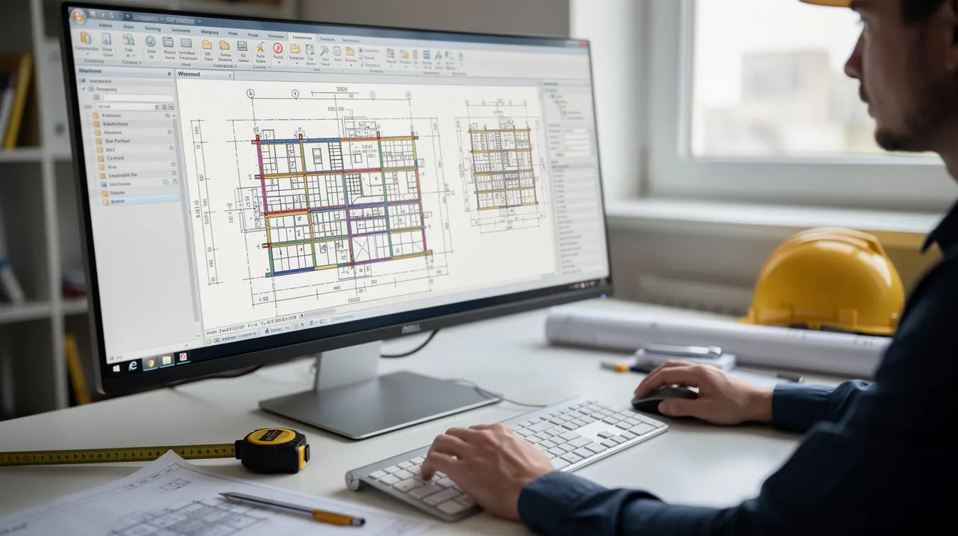 A close-up view of a construction estimator intently working at a computer, with digital architectural plans displayed on the screen. The image highlights the use of construction estimating software, emphasizing the importance of accurate cost estimates and efficient project management in the construction industry.