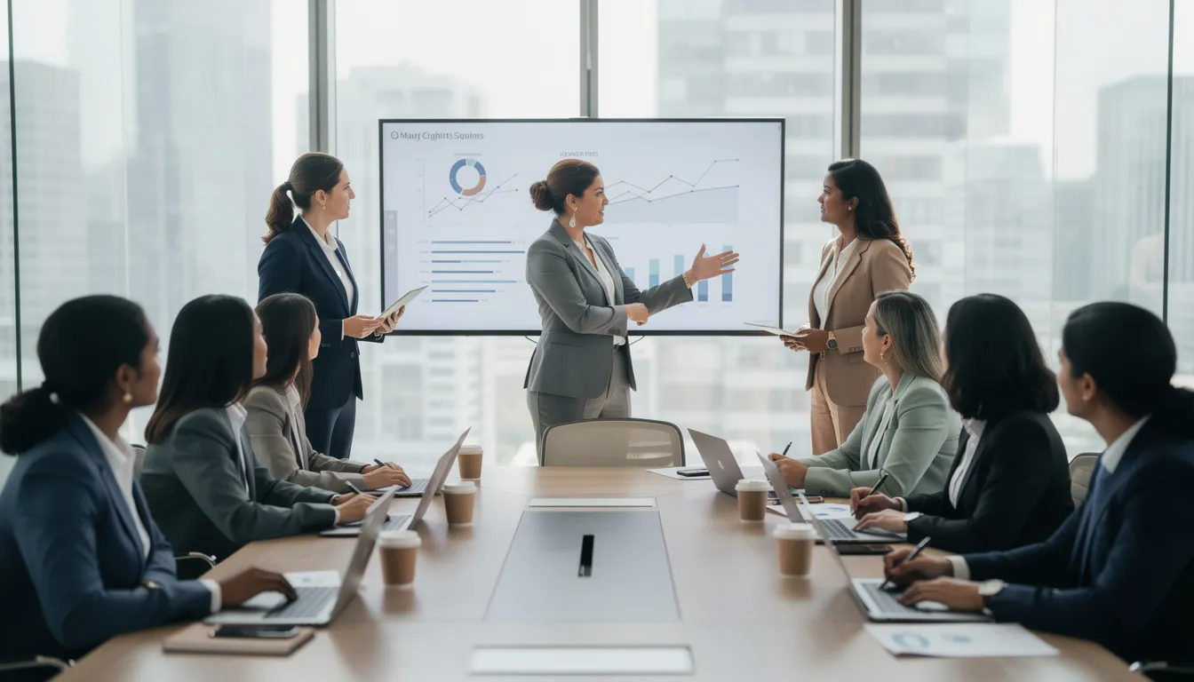 A diverse group of professional women is gathered in a conference room, actively discussing business strategies and sharing insights on cultivating a positive money mindset. Their conversation focuses on overcoming limiting beliefs and fostering financial success through practical strategies and community support.