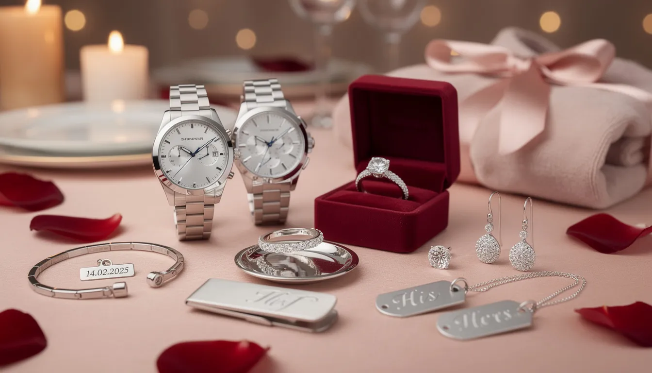 A beautifully arranged display of Valentine's gift ideas for couples, featuring elegant diamond jewellery, classic solitaires, and luxury watches, all designed to celebrate love and commitment. This curated selection highlights perfect Valentine's Day gifts that sparkle and shine, making it easy to find the ideal present for your special someone.