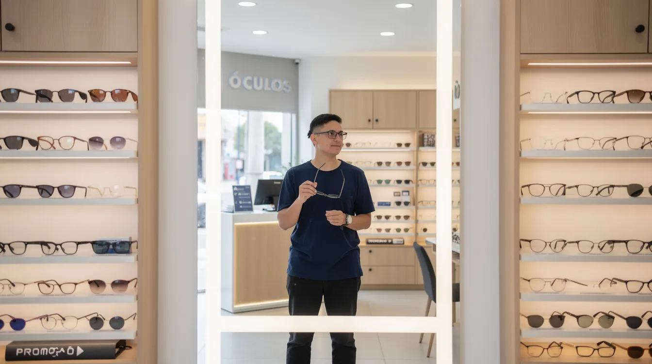 Uma pessoa está experimentando diferentes armações de óculos em frente a um espelho em uma loja, avaliando modelos variados que refletem seu estilo e personalidade. As armações incluem opções clássicas e contemporâneas, como os populares óculos Ray Ban, que oferecem conforto e elegância.