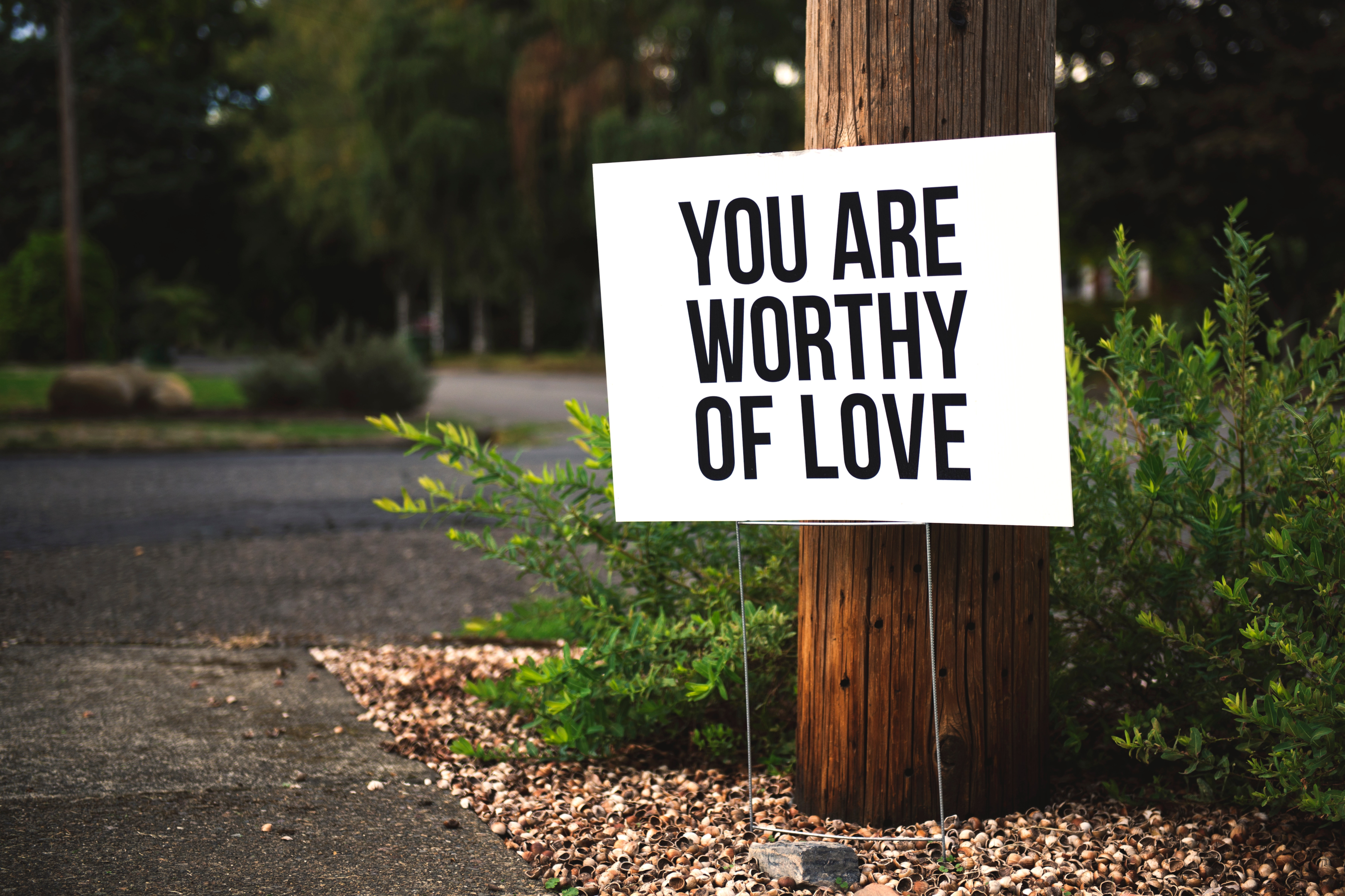 A sign in front of tree that says " You are worthy of LOVE"