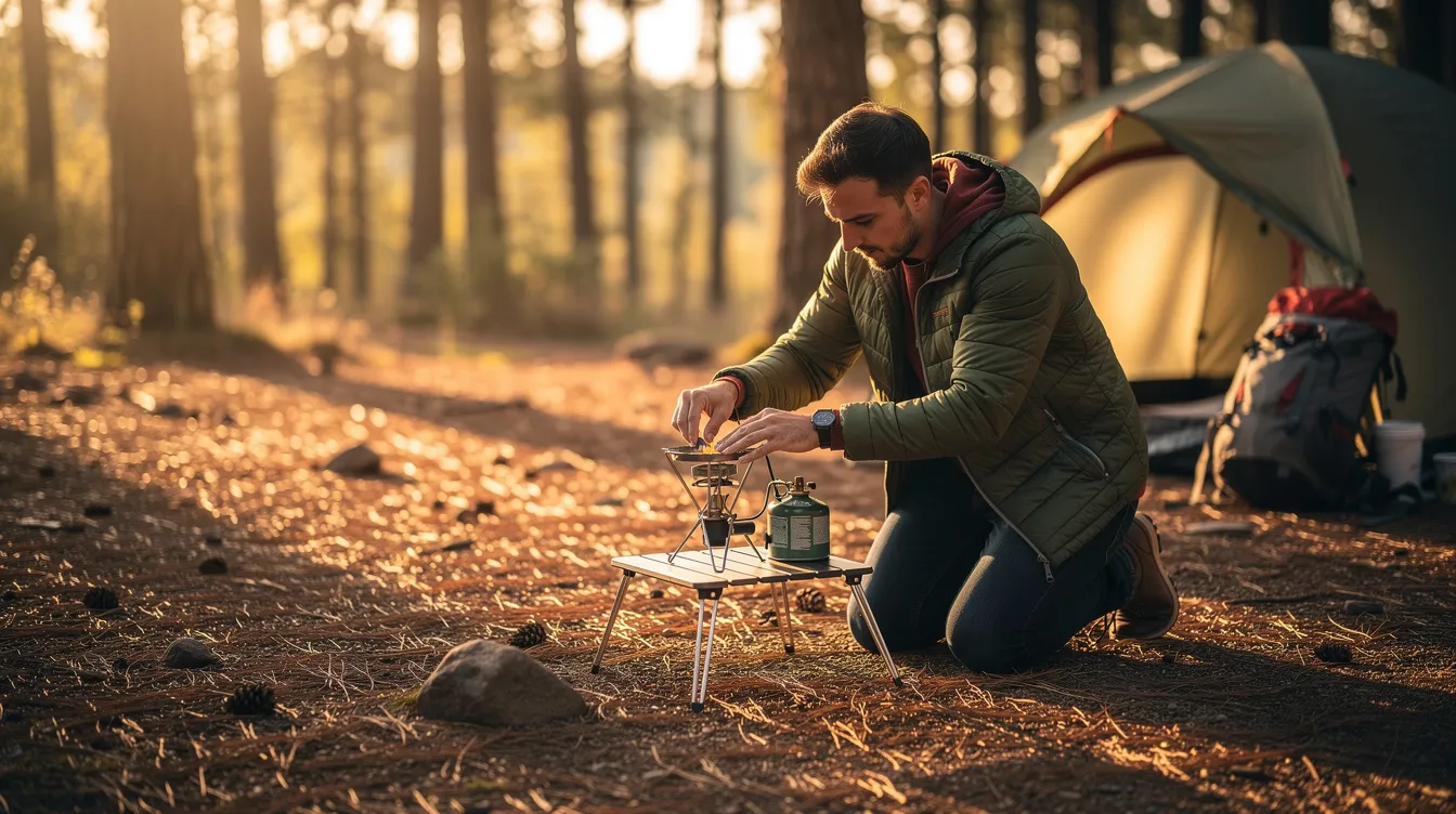 A person is carefully setting up a portable camping stove on flat ground at a campsite, ensuring the adjustable burners are positioned correctly for safe cooking. The stove is compact for easy transport and comes with a storage bag for convenient storage when not in use.