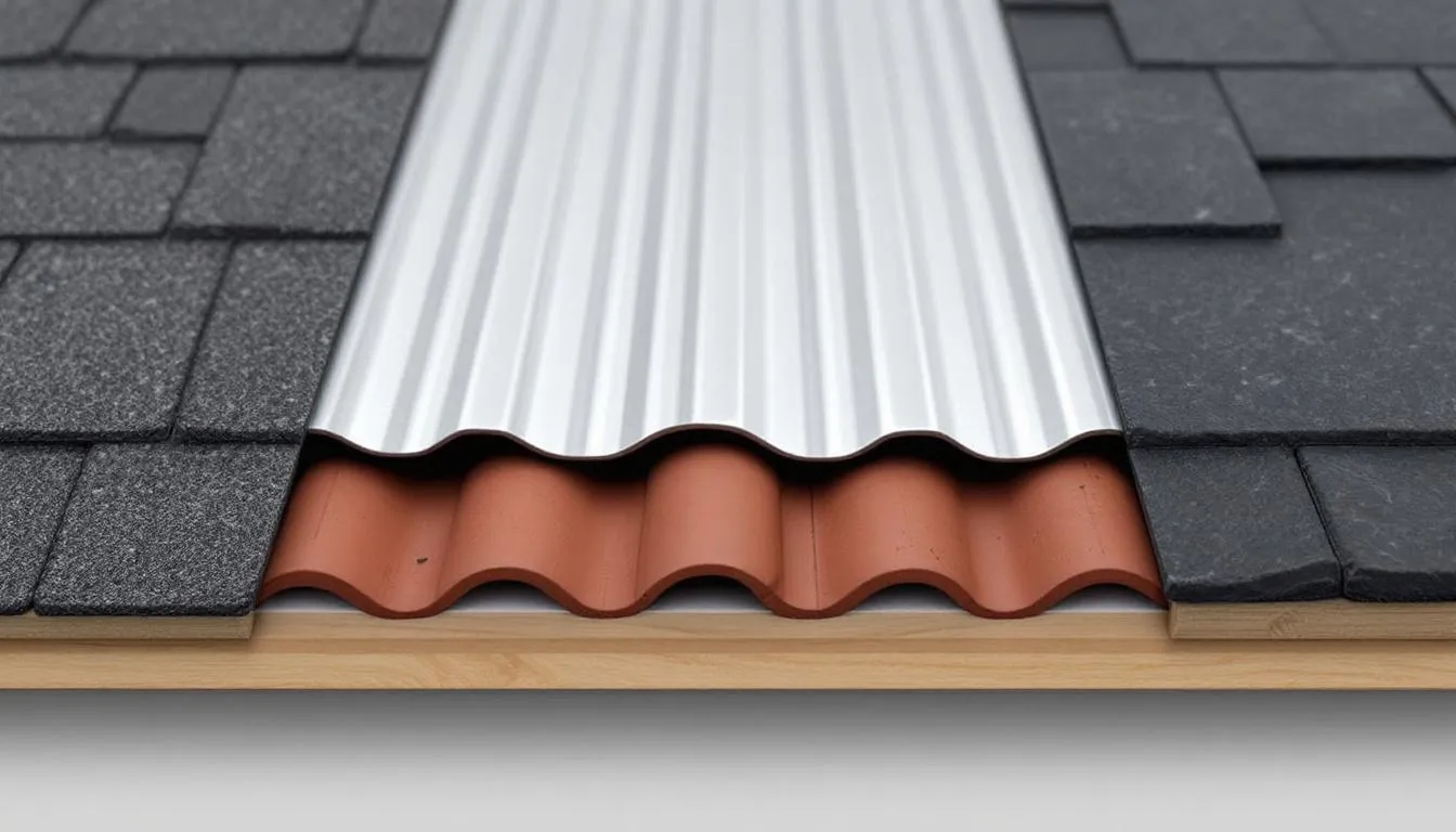 The image showcases various roofing materials side by side, including asphalt shingles, metal panels, clay tiles, and slate, highlighting the differences in texture and color among these popular options for roof replacements. This visual comparison can help homeowners understand the choices available for their roof replacement project and the potential costs associated with each material type.