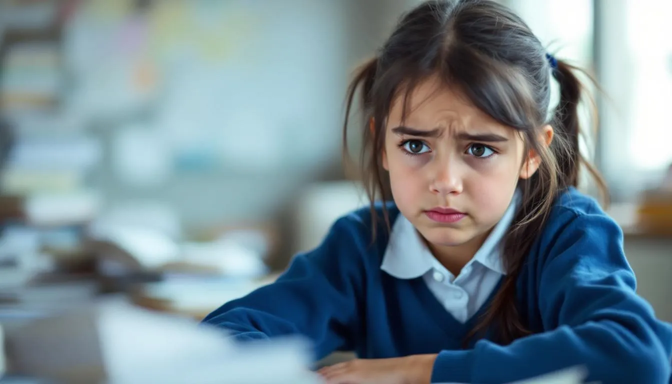 Das Bild zeigt ein gestresstes Mädchen, das mit besorgtem Gesichtsausdruck auf einen Tisch schaut, umgeben von Schulmaterialien. Die Darstellung thematisiert die psychische Gesundheit und die Herausforderungen, mit denen junge Menschen im Alltag konfrontiert sind.