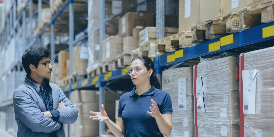 Warehouse employee discussing inventory management with a visitor in a storage area.