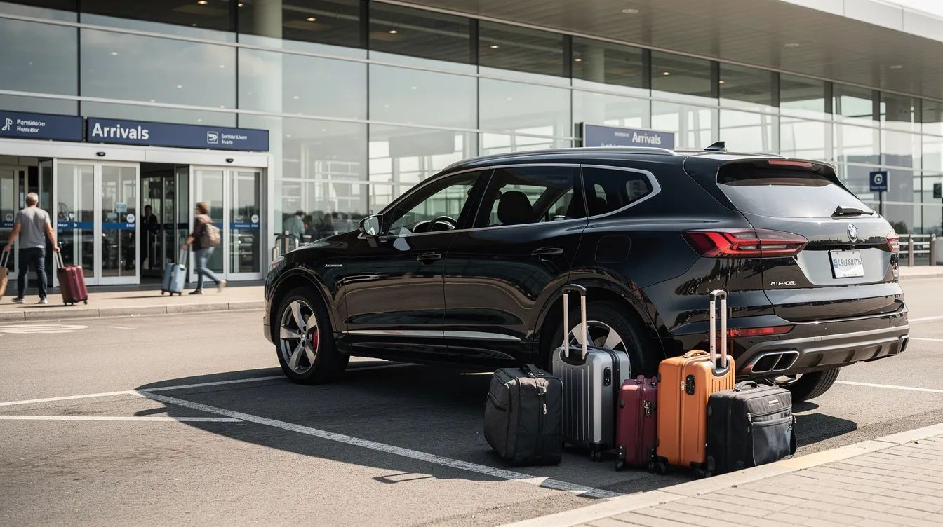 A black SUV is parked at the arrival curb of Houston Hobby Airport, with several pieces of luggage placed nearby, indicating travelers preparing for their airport transportation. The scene captures the hustle and bustle of passengers arriving and departing, showcasing the convenience of car service at the airport.