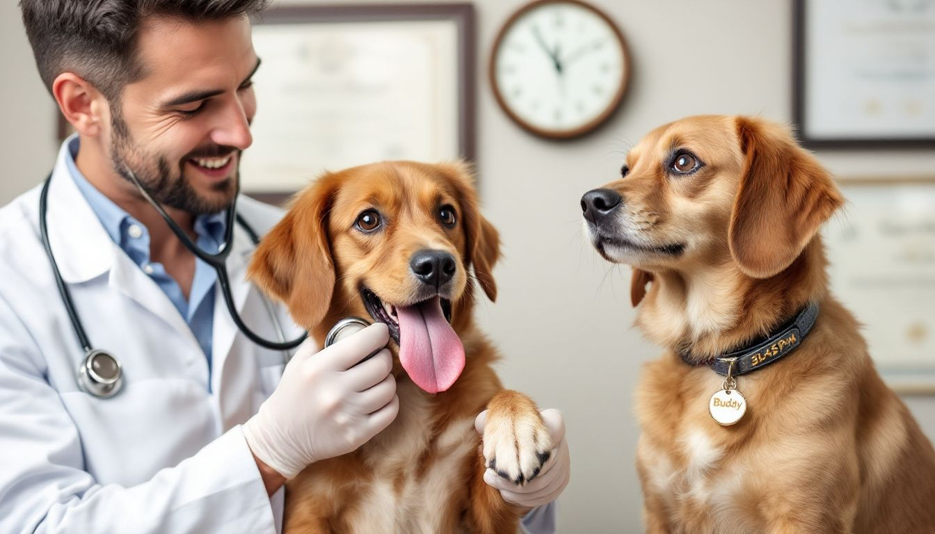 A veterinarian assessing a dog's hydration status during a check-up.