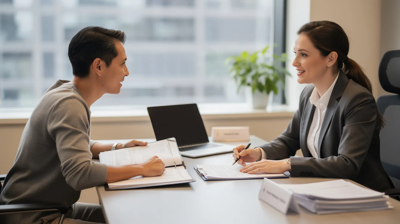The image depicts a small business owner engaged in a discussion with a bank officer at a desk, surrounded by paperwork related to business loans and eligibility criteria. The scene highlights the importance of loan approval processes and the necessary documents, such as bank statements and business registration, for securing financing.