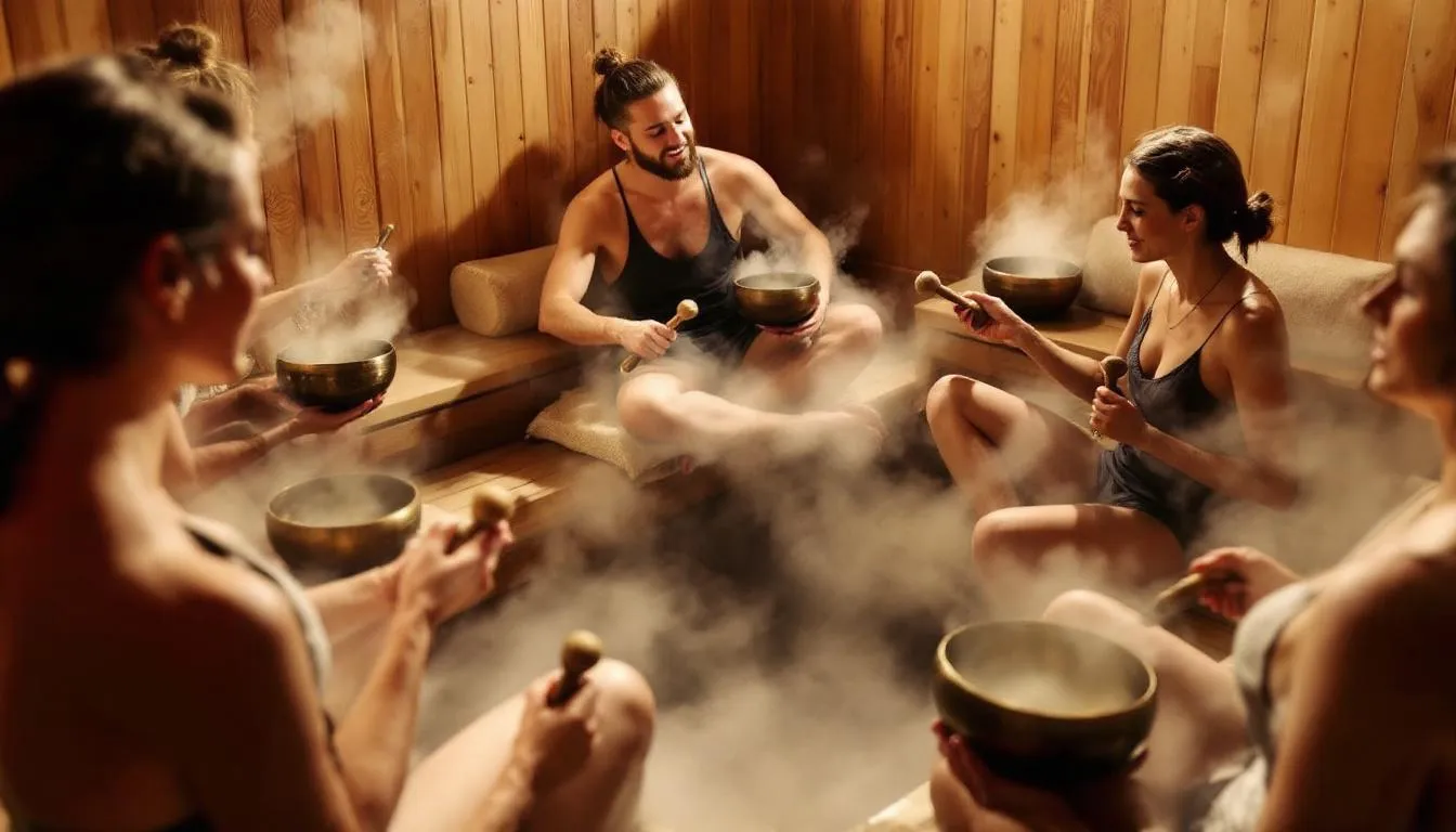 In the image, a group of people is engaging in sound healing practices using Tibetan singing bowls inside a sauna, creating a serene atmosphere filled with soothing tones. The participants are seated comfortably, immersed in deep relaxation as they experience the healing vibrations and calming sounds of the bowls, promoting overall well-being and stress relief.