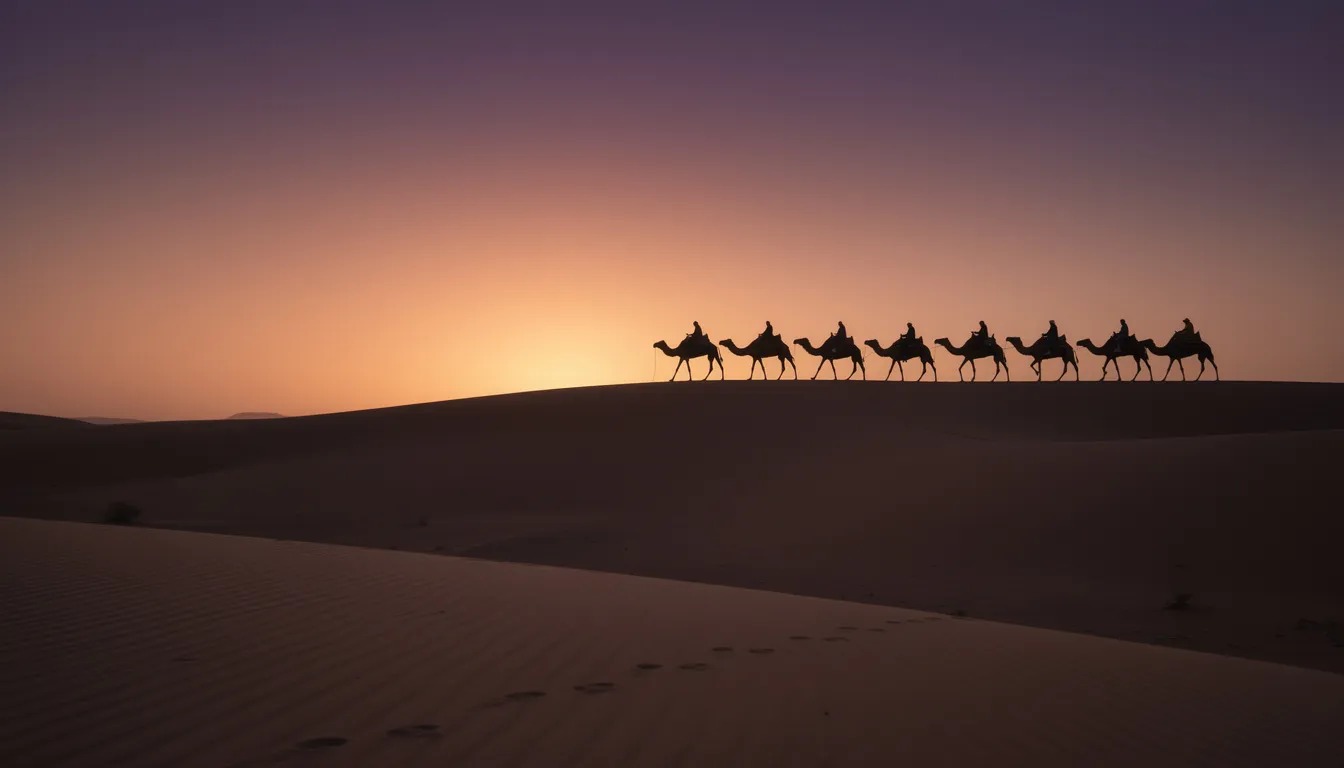 A camel caravan moves gracefully across the undulating sand dunes of the Sahara Desert, silhouetted against a vibrant sunset sky painted in shades of orange and purple. This breathtaking scene captures the essence of glamping in the Sahara, evoking a sense of adventure and tranquility in the heart of the desert.