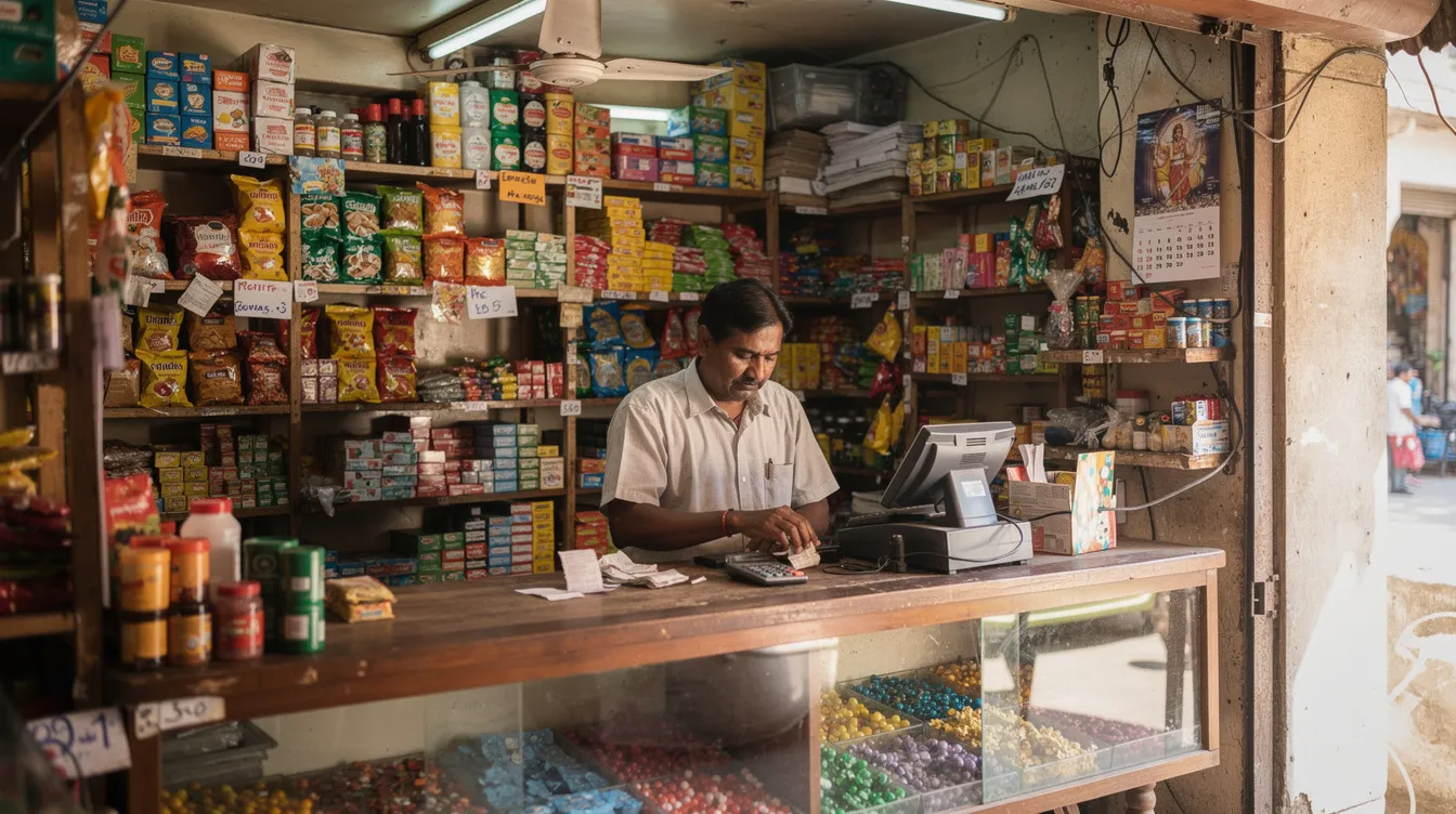 f7f22d77 0694 4239 a8d7 e306071d8926 The image shows a small Indian shop owner diligently working at the counter of a retail store, surrounded by various products. This scene reflects the entrepreneurial spirit of small and micro enterprises in India, which often seek financial assistance through schemes like the Pradhan Mantri Mudra Yojana to support their business growth.