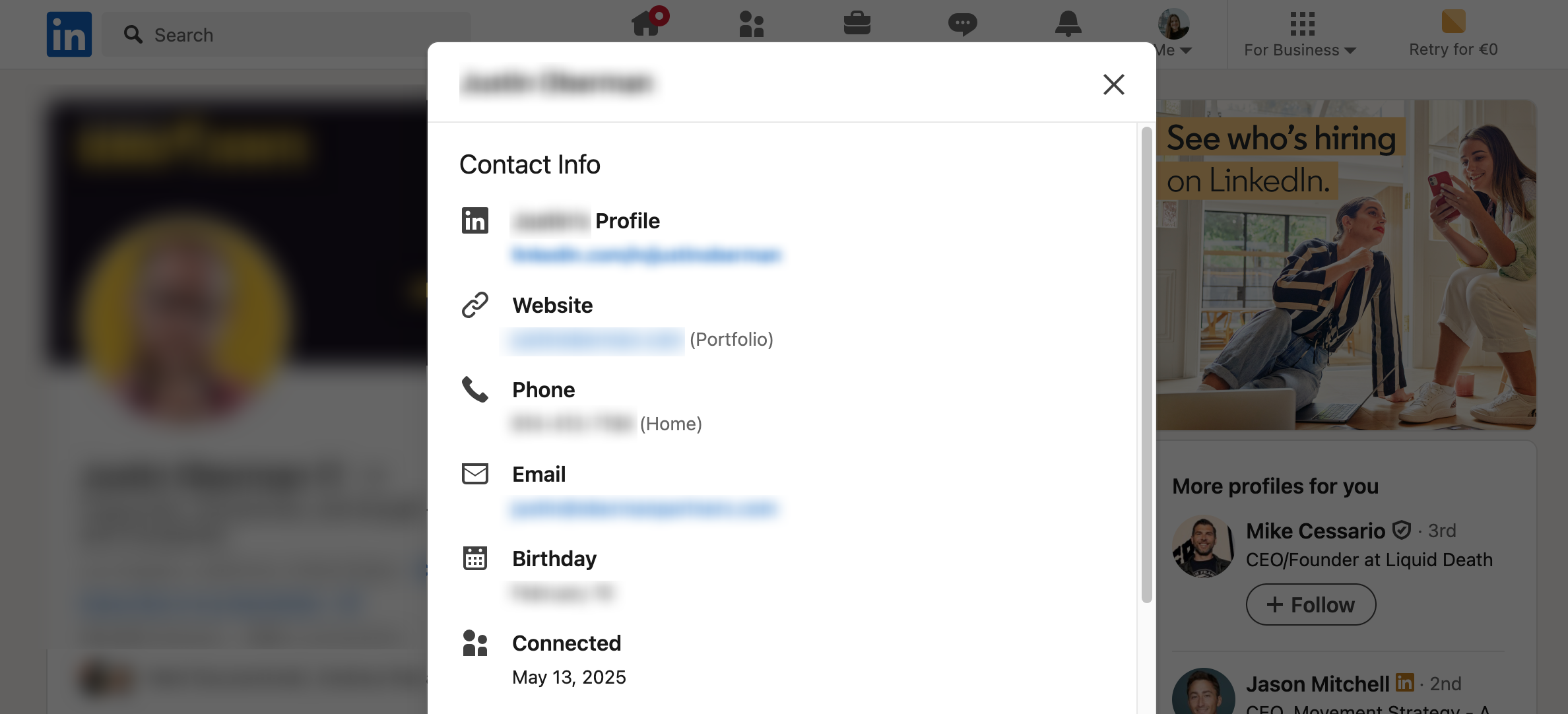 The contact info section of a LinkedIn profile.
