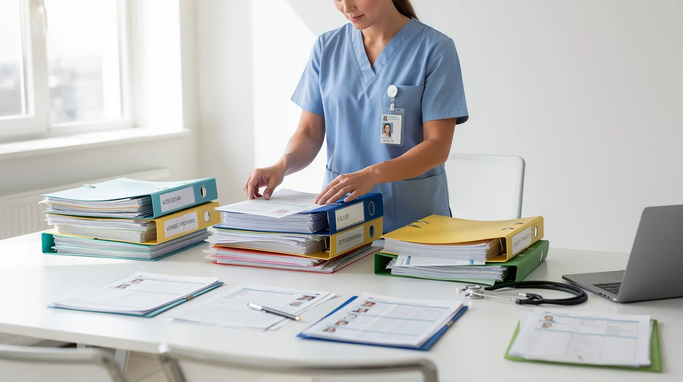 The image shows a person carefully organizing various medical documents and files on a table, highlighting the importance of maintaining detailed medical records for social security disability claims. This meticulous arrangement may assist in the appeals process or in preparing for a hearing with an administrative law judge regarding disability benefits.