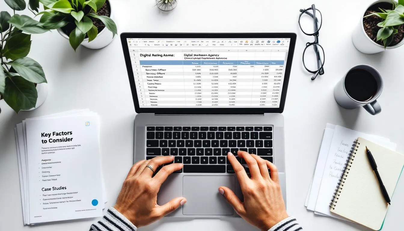 The image depicts a person thoughtfully reviewing a list of key factors for choosing the best digital marketing agency, surrounded by icons representing various digital marketing strategies such as social media marketing, content marketing, and performance marketing. This visual emphasizes the importance of selecting the right digital marketing agency to enhance online presence and achieve business goals.