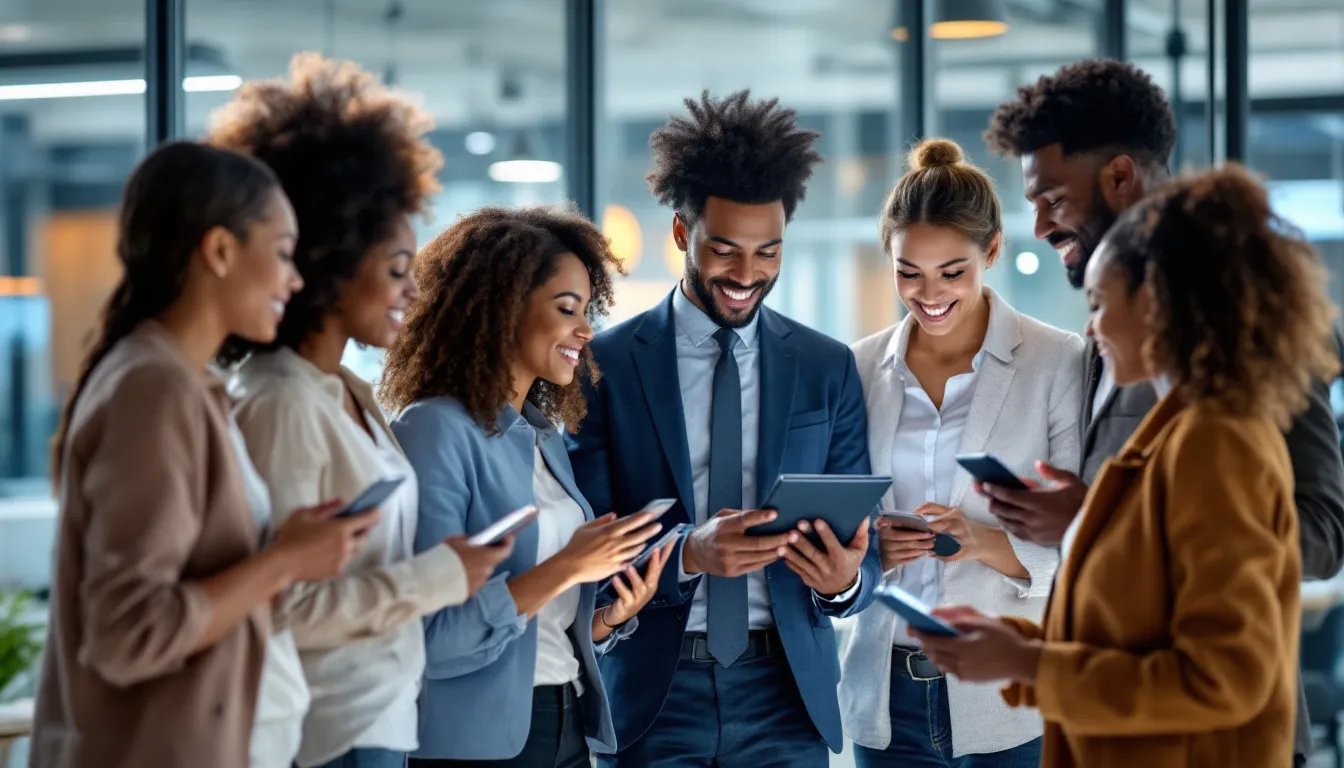 The image depicts a diverse group of professionals discussing the benefits of the Advanced Reach Advertising tool, emphasizing its application in occupational hygiene and exposure assessments. The scene highlights the importance of tailored content and data mining for enhancing research output in various industries.