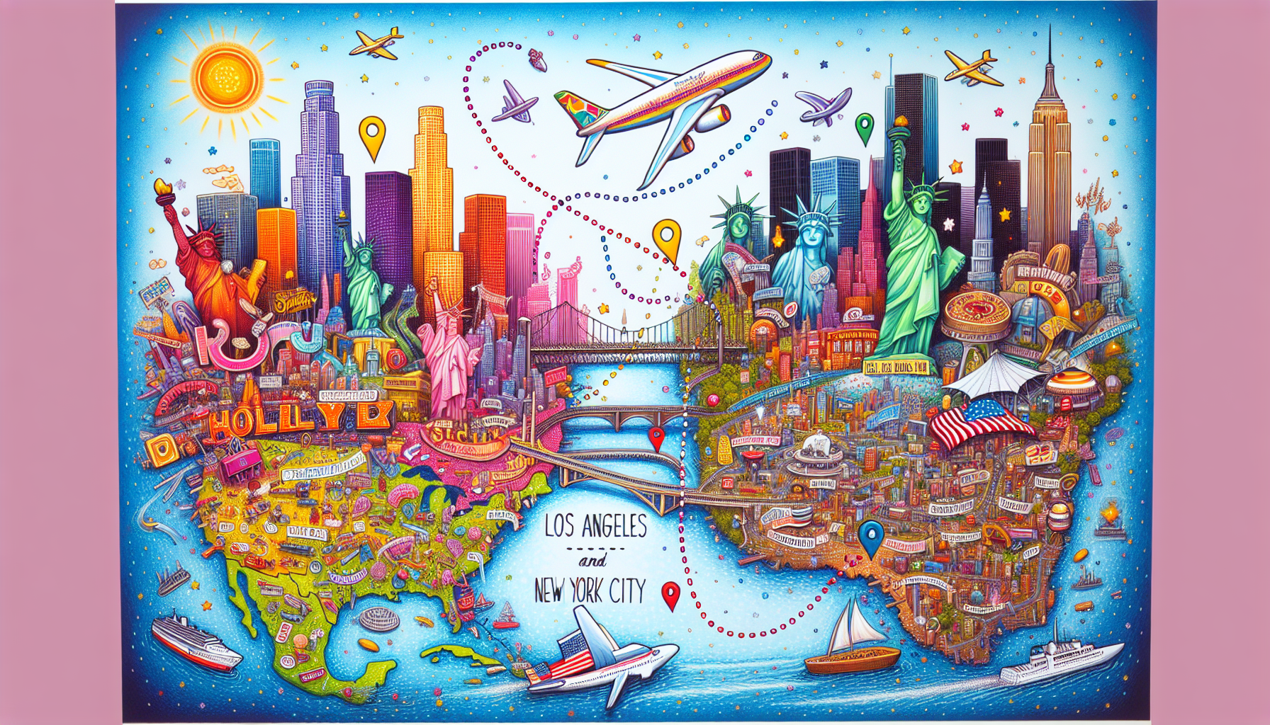 A cartoon map showing major airports in Los Angeles and NYC, including LAX and JFK.