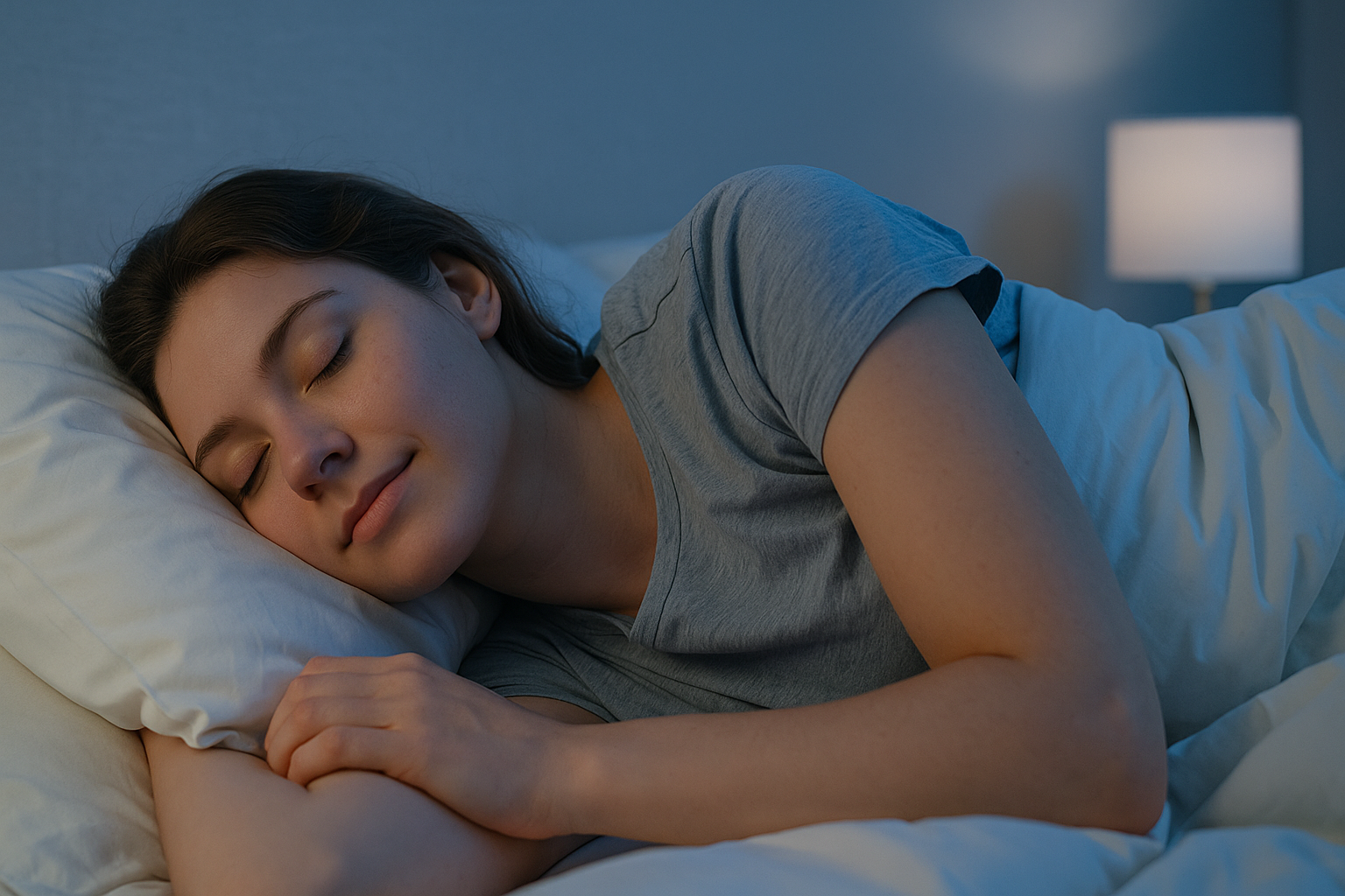 Kvinne sover fredelig på siden i rolig, blått lys, avslappet ansikt, myke sengekanter, beroligende soverom. rem søvn rapid eye movement dyp søvn rem søvnen rem søvn under rem lett søvn under rem søvn våken tilstand fleste drømmer hurtige øyebevegelser 90 minutter søvnen drømmer under viktig hjernen stadium natten våkne fasen lett minutter stadiet mer skjer andre våken sover gjennom første søvnstadier går kroppen stadier får hjernens øynene natt løpet fleste 3 og 4 aktivitet syklus øyebevegelser varer derfor mye flere betyr omtrent