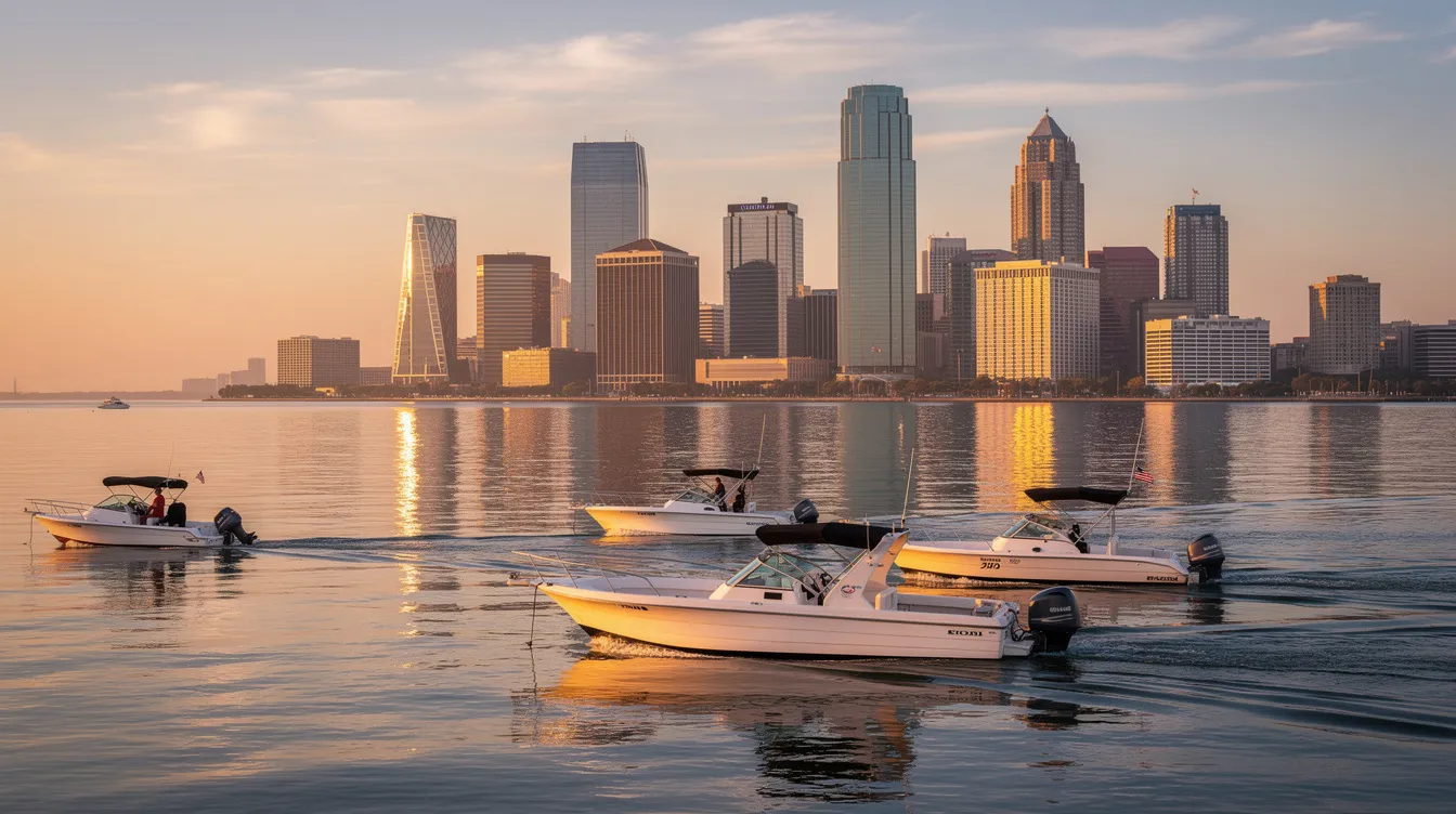 The image shows several boats navigating on calm waters of a bay, with the Houston skyline rising in the background. This serene scene highlights the beauty of boating in Houston, a reminder of the importance of safety to avoid accidents de barco while enjoying time en el agua.