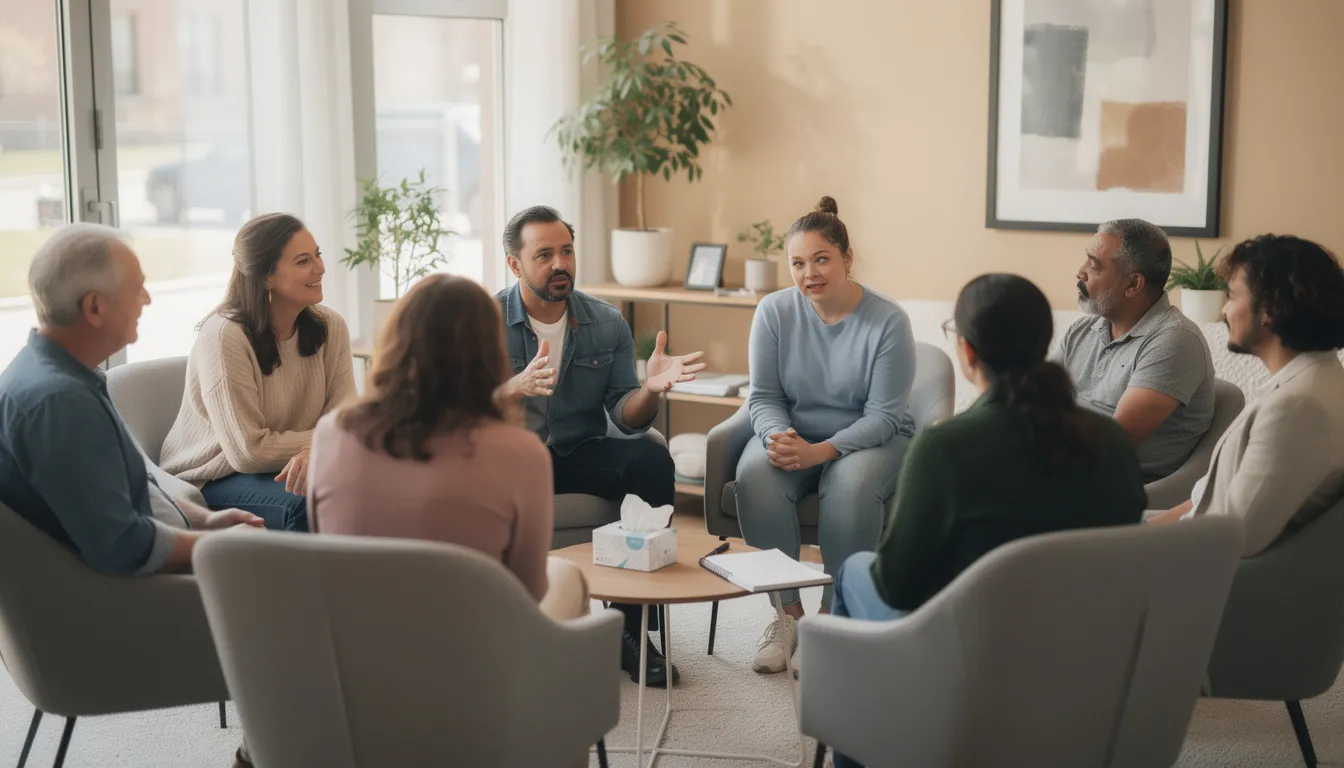 A diverse group of individuals sits in a circle during a group therapy session, engaging in talk therapy to address their substance use disorders and mental health problems. This supportive environment fosters the development of coping skills and offers a space for sharing experiences related to addiction treatment and recovery.