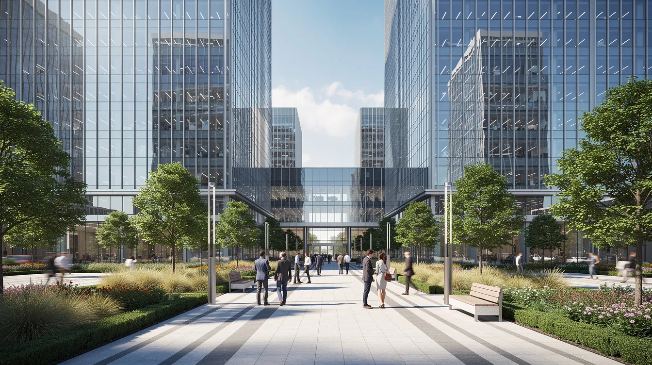 The image depicts modern glass office towers situated in a vibrant business district, featuring landscaped plazas and pedestrian walkways that enhance urban connectivity. This scene reflects the principles of the Dubai 2040 urban master plan, emphasizing sustainable development and green spaces within urban centers.