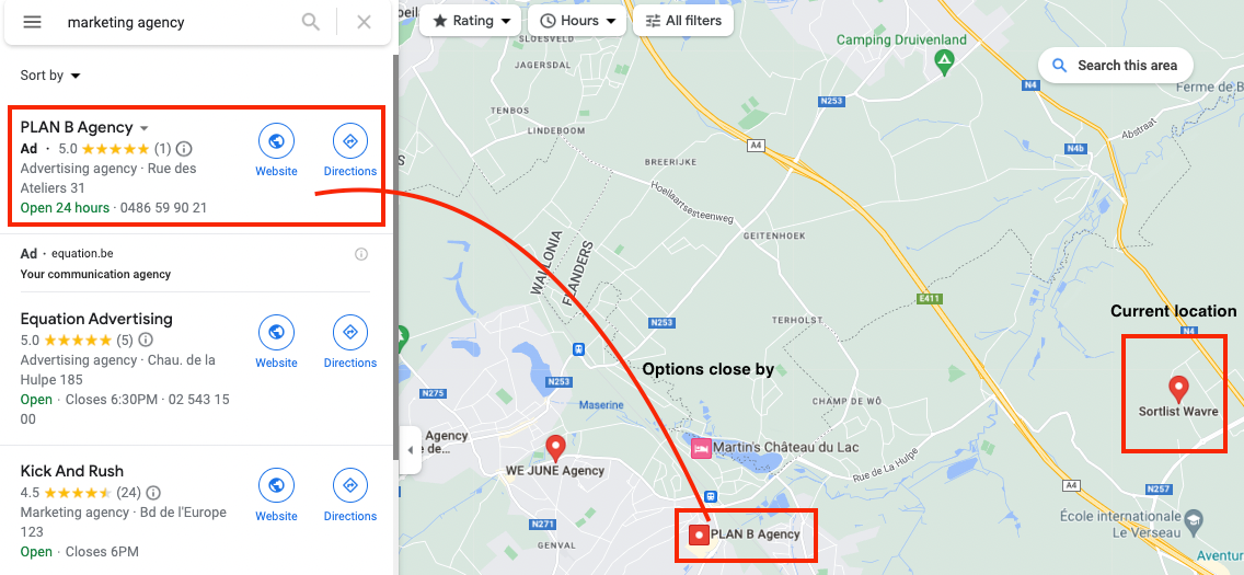 Google Maps - restaurant advertisement example with an ad