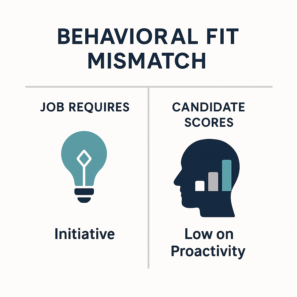 Infographic titled “Behavioral Fit Mismatch” showing a side-by-side comparison. On the left, the job requires “Initiative,” represented by a teal lightbulb icon. On the right, a candidate’s profile silhouette displays a low proactivity score with a simple bar chart. The design features a clean, minimalist layout with navy and teal accents on an off-white background, illustrating the misalignment between job expectations and personality traits.