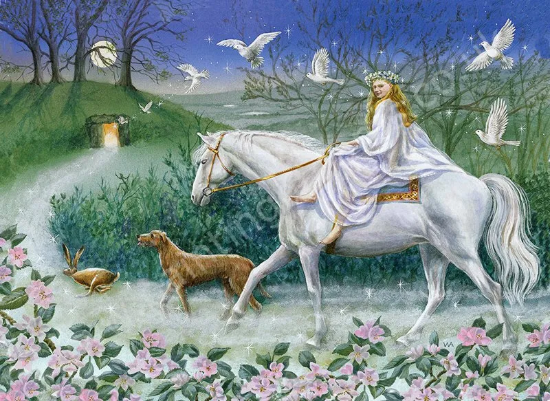 Goddess Rhiannon is wearing white while riding a white horse. A dog in bunny are leading them on a trail during a full moon. There are dead trees on their path. Doves fly around goddess Rhiannon.