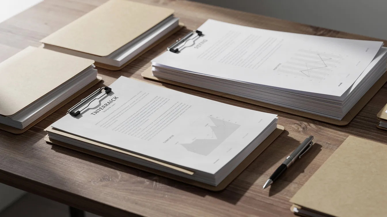 f7ff2631 1e74 45c3 a811 b81bf22afbea The image depicts a well-organized wooden desk featuring neatly arranged documents and files alongside a pen, suggesting a professional setting ideal for managing business plans and financial assistance applications, such as those for mudra loans. This setup emphasizes the importance of organization for small businesses and micro enterprises seeking funding from various financial institutions.