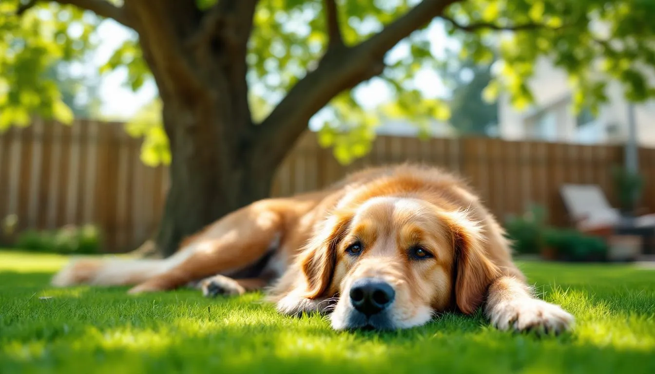 A relaxed dog is lounging in a shaded area of a backyard during the daytime, enjoying the coolness away from the sun. This serene scene highlights the importance of providing a comfortable environment for dogs, especially those affected by autoimmune diseases like lupus erythematosus.