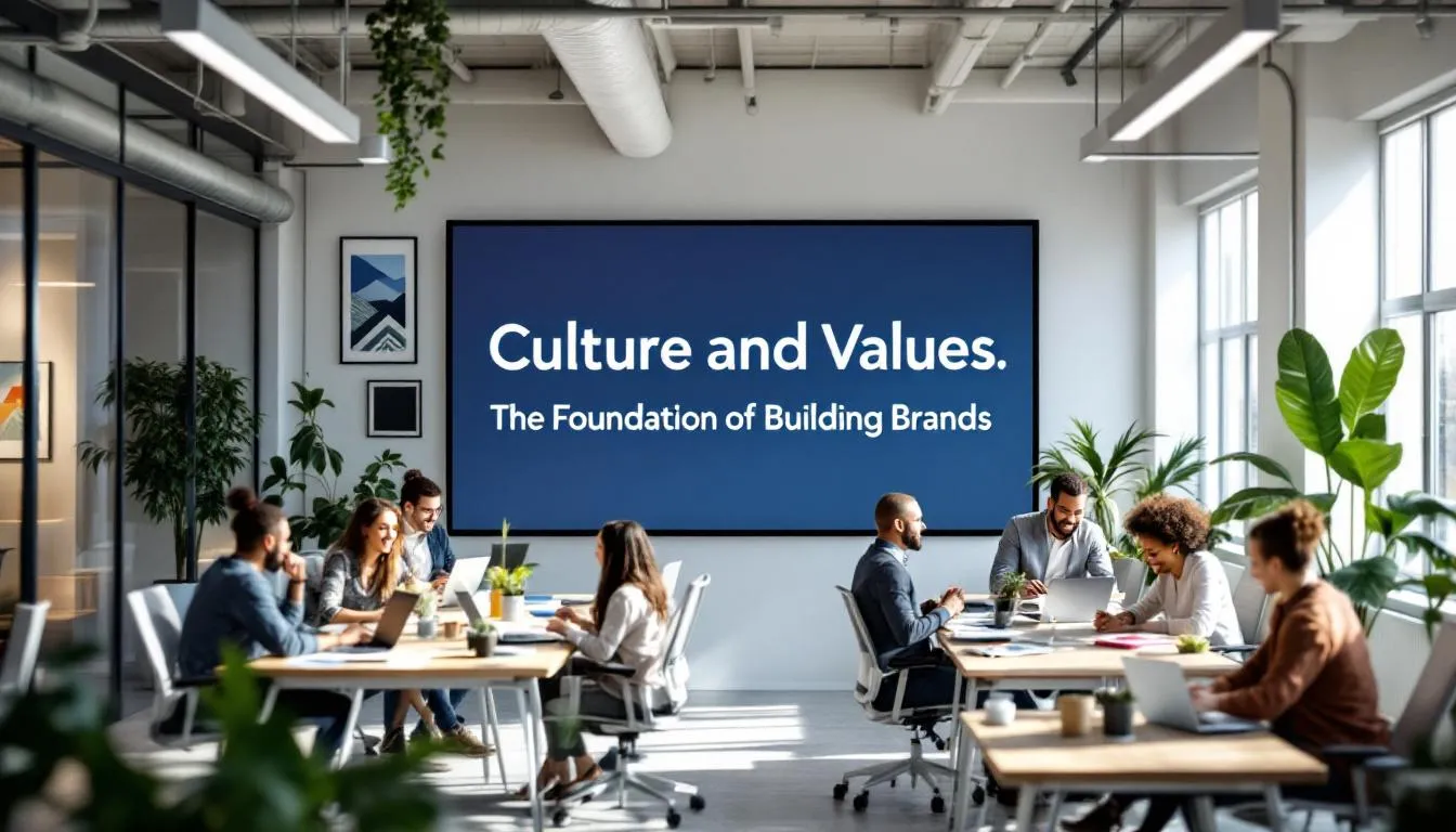 The image depicts a vibrant agency workspace filled with creative individuals collaborating on big ideas to build brands. It showcases a culture of innovation and teamwork, emphasizing the importance of creativity in the marketing industry to connect with audiences and drive growth for clients.