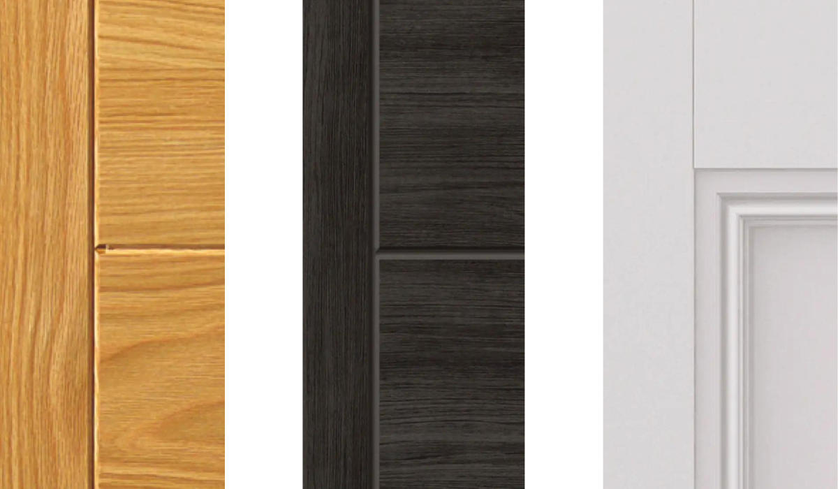Traditional internal doors - three finishes close up - oak doors - dar grey laminate doors - white primed doors